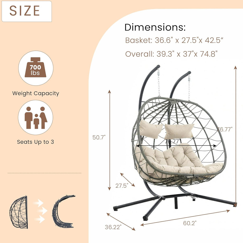 Double Egg Chair with Stand, Indoor Outdoor Loveseat Hammock Swing Chair,Wicker Chair with Foldable Basket & Thick UV-Resistant Cushions, 700 LBS Capacity for Patio, Bedroom, Garden,Beige