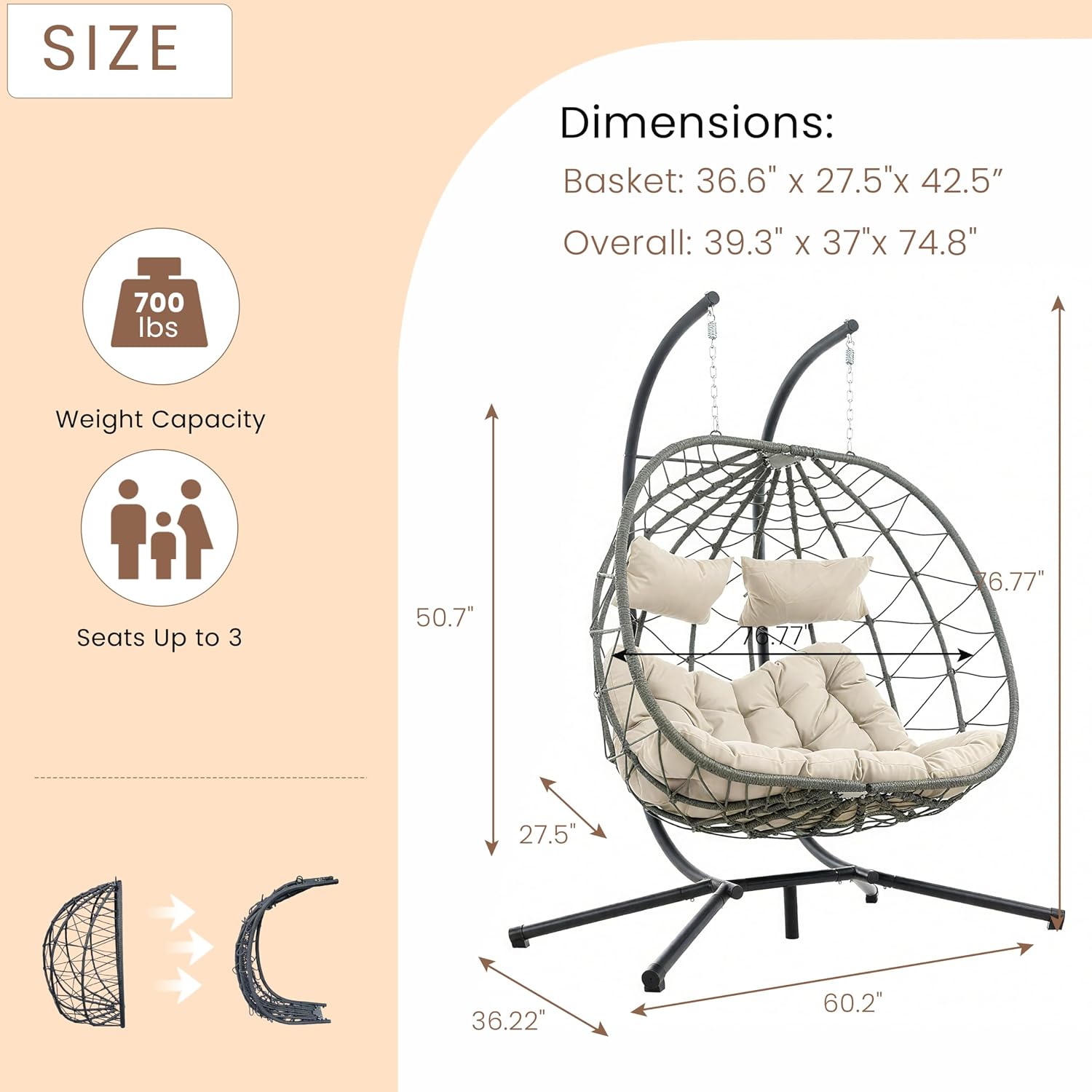 Double Egg Chair with Stand, Indoor Outdoor Loveseat Hammock Swing Chair,Wicker Chair with Foldable Basket & Thick UV-Resistant Cushions, 700 LBS Capacity for Patio, Bedroom, Garden,Beige