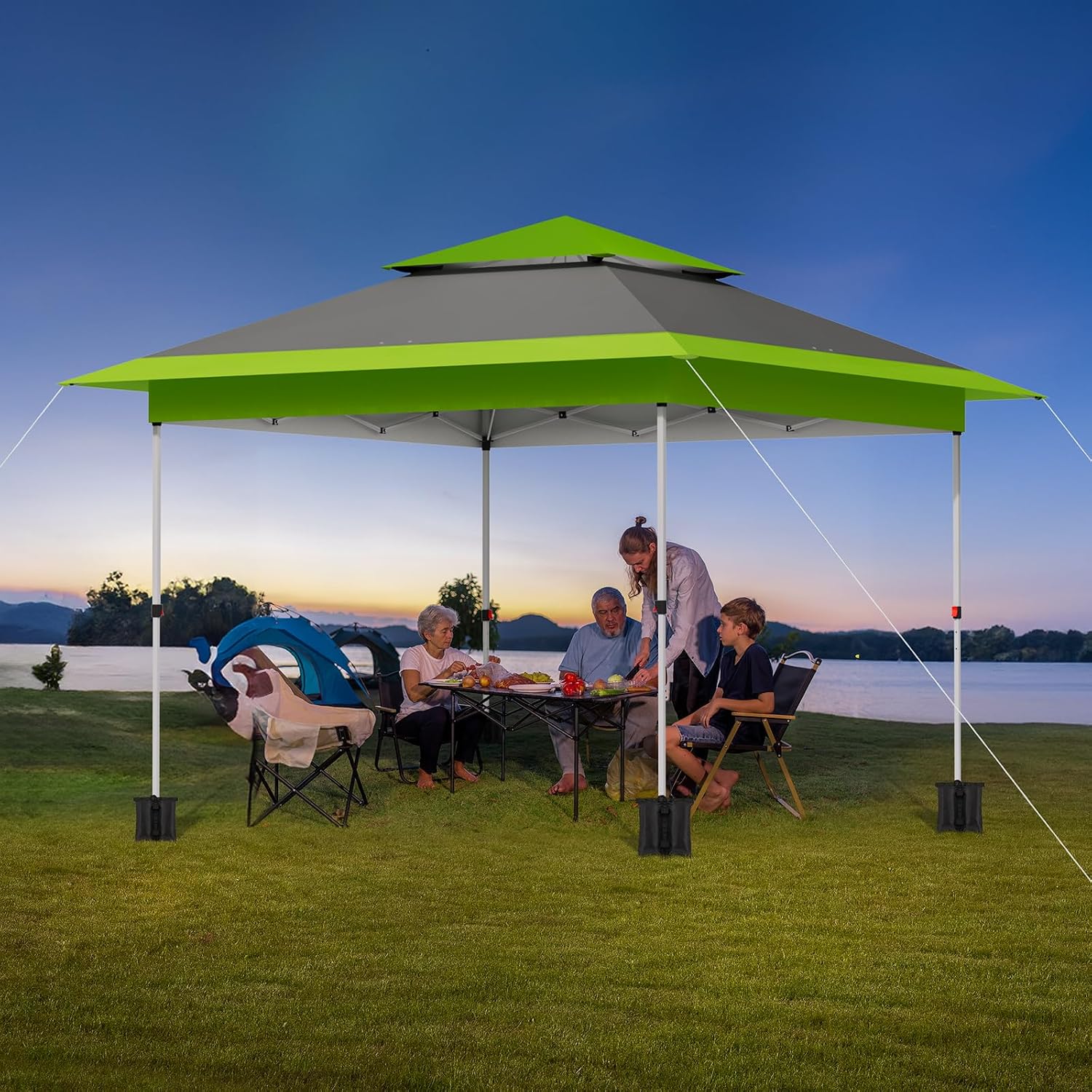 TLSUNNY 13X13 Pop Up Canopy Tent, Camping Shader W/Overhanging Eaves & Sand Bag, Outdoor Gazebo Shelter W/One Push Setup & Wheeled Bag, Height Adjustable, for Patio, Market, Party (Green, 13FTX13FT)