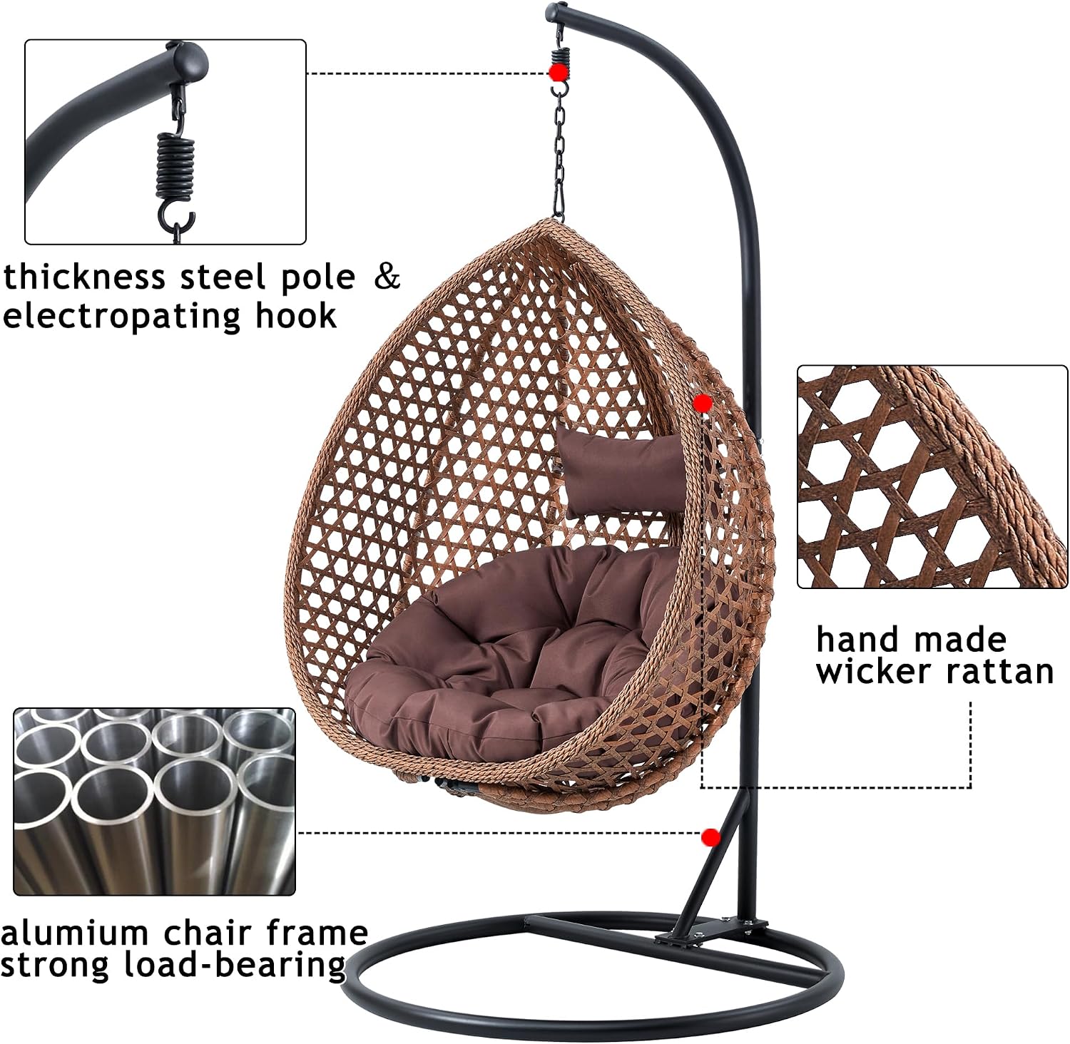 JUFU Egg Swing Chair with Stand, Hanging Egg Chair with Cushions and Pillow, Heavy Duty Lounge Basket, Indoor Outdoor Patio Porch Lounge Relaxing for Patio Balcony Backyard, Bedrooms