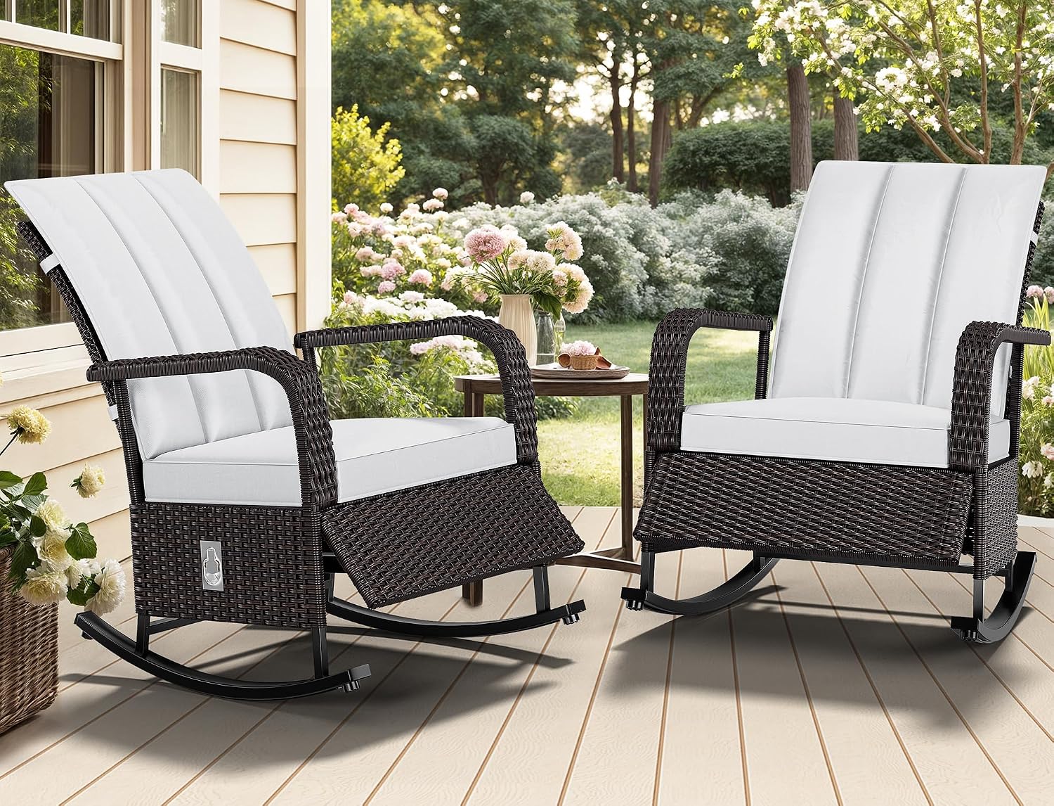 YITAHOME Outdoor Rocking Chair, Wicker Lounge Chair with Adjustment Backrest, PE Rattan Patio Recliner with Adjustable Footrest and Soft Cushions, Ideal for Garden Backyard Porch Patio