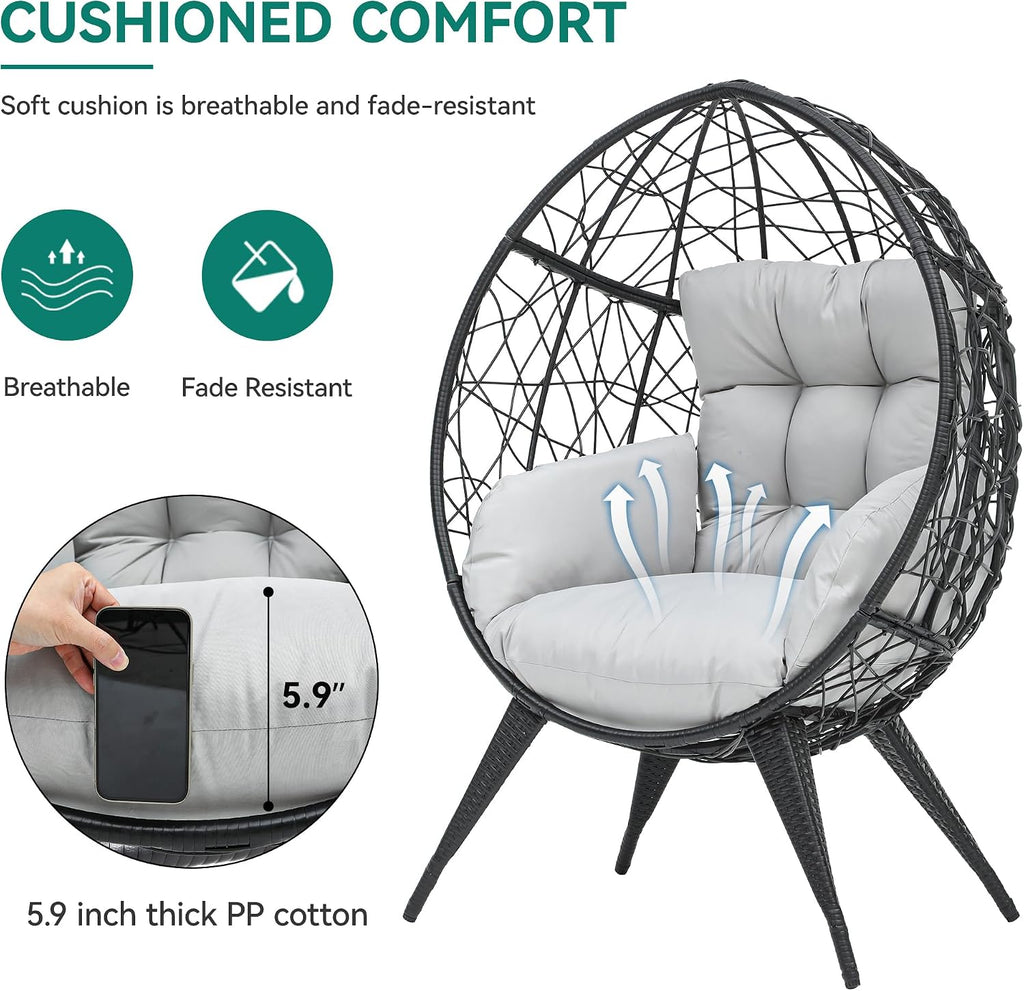 YITAHOME Large Wicker Egg Chair with Stand for Indoor and Outdoor, Cushion, and Adjustable Leveling Feet, Large Lounger for Garden, Patio, Balcony, Backyard,Supports up to 330lbs, Gray