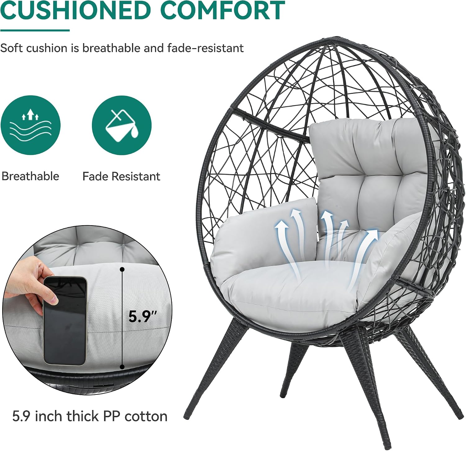 YITAHOME Large Wicker Egg Chair with Stand for Indoor and Outdoor, Cushion, and Adjustable Leveling Feet, Large Lounger for Garden, Patio, Balcony, Backyard,Supports up to 330lbs, Gray