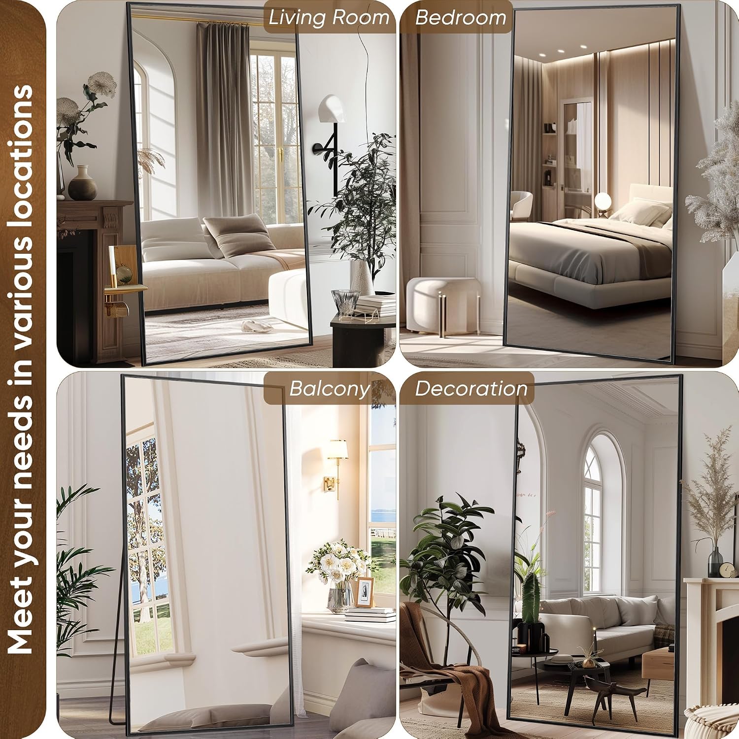 Antok Full Length Mirror, 44'x88' Floor Mirror with Stand, Hanging Mounted Mirrors for Bedroom, Living Room, Cloakroom, Dining Room, Black, Rect