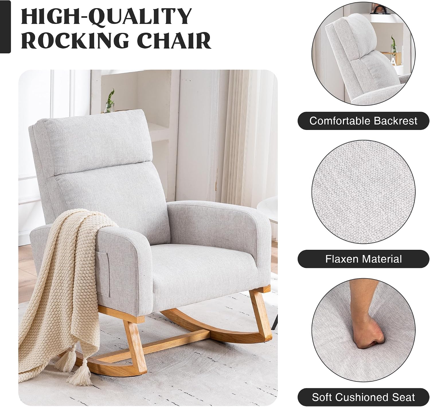HCHAIRH Rocking Chair Nursery, Nursing Rocking Chairs, Upholstered Nursery Glider Rocker for Mom Nursery Morden Rocking Chair with Side Pocket for Living Room,Bedroom，Light Gray