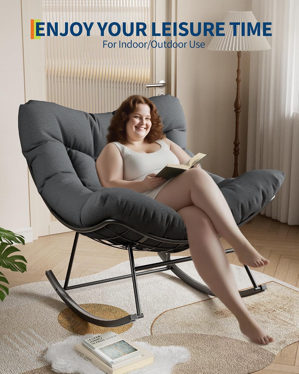 GarveeLife Outdoor Papasan Rocking Chair, Oversized Rocking Chair with Sturdy Metal Frame, Patio Egg Rocker for Balcony Backyard Porch Bedroom, Grey
