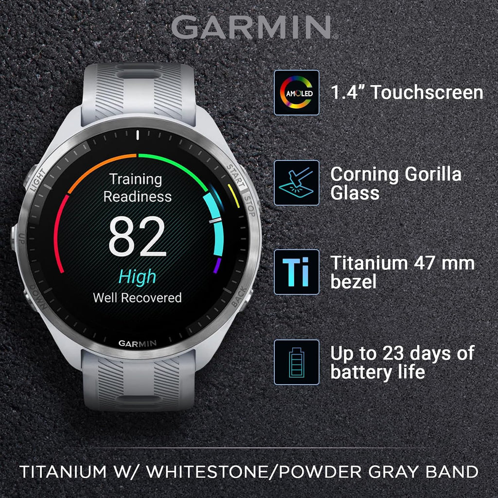 Garmin Forerunner 965 Premium GPS Running and Triathlon 47mm Smartwatch with AMOLED Touchscreen Display, Titanium Bezel Whitestone Silicone Band Black Earbuds Bundle, White +Blk EarBuds