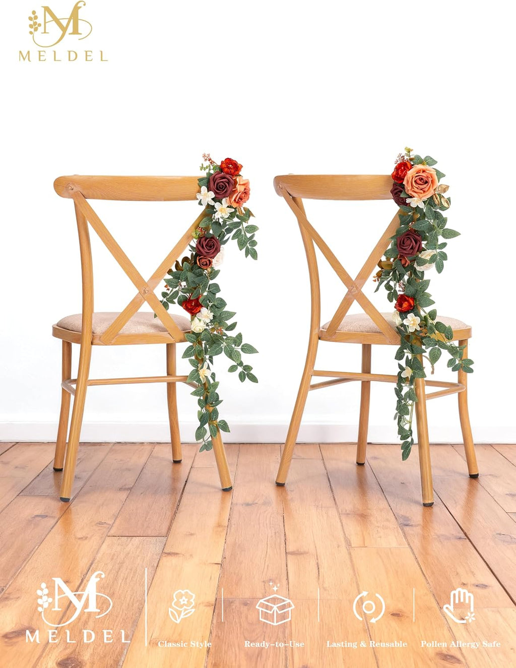10pcs Wedding Chair Decorations Aisle Floral Swag Artificial Pew Flowers Hanging Garland Burgundy & Orange for Ceremony Reception Church Rose Floral Faux Arrangement Party Outdoor Garden Decor