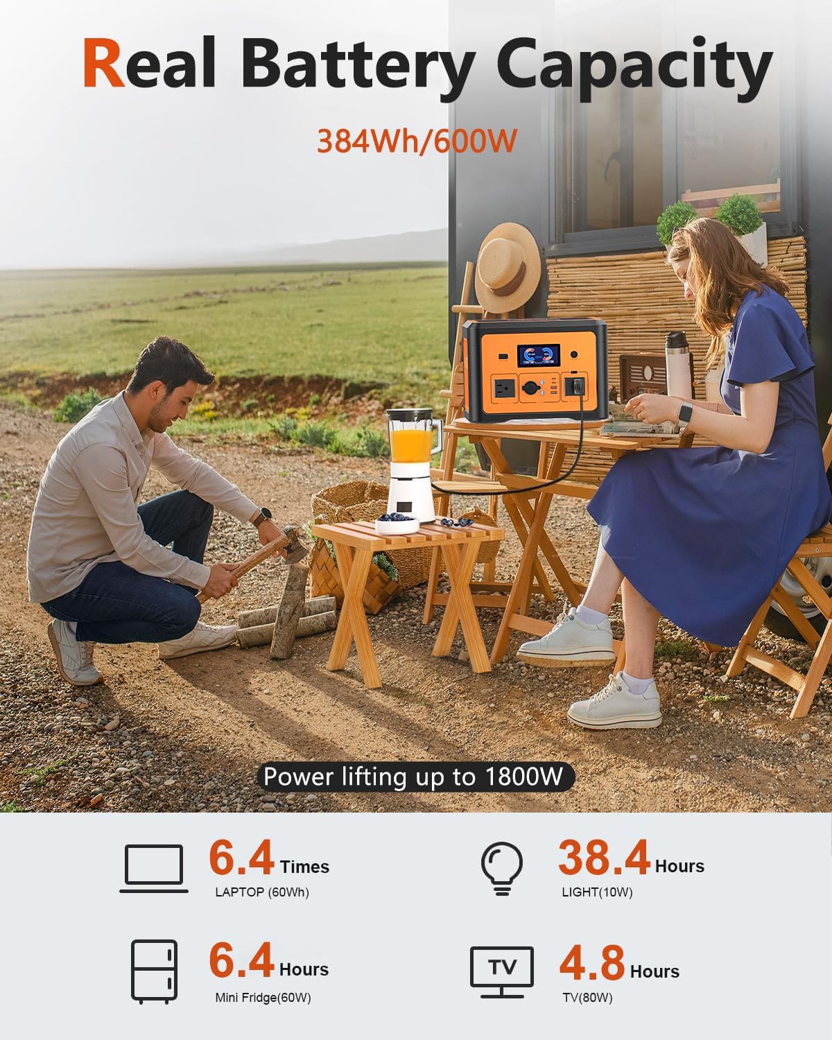 Portable Power Station 600W(Peak 1800W), Solar Generator with 384WH LiFePO4 Battery, 10 Outputs & UPS Battery Backup, Generators for Home Use, Camping, Emergency Power Outage, RV, CPAP