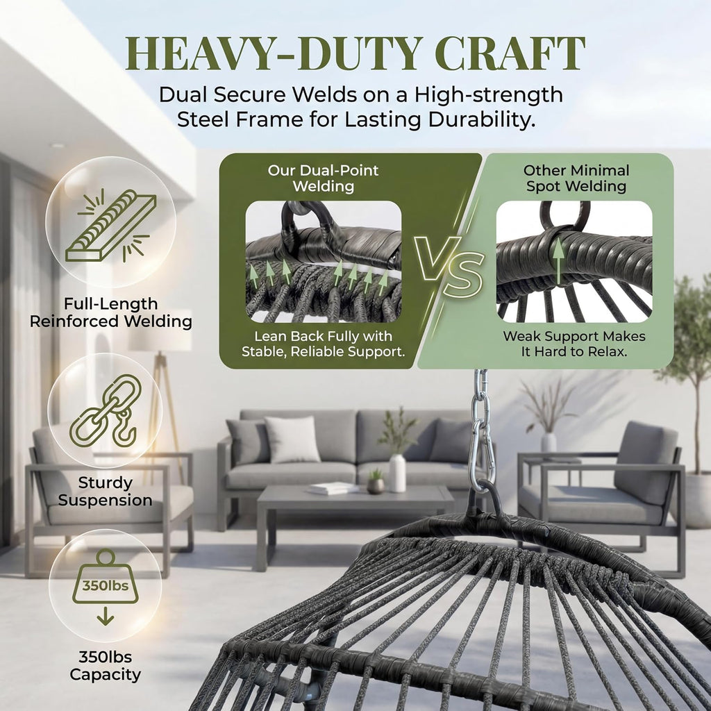 RADIATA Outdoor Hanging Egg Chair Without Stand, Foldable Rattan Wicker Swing Basket, 350 Lbs Heavy-Duty Hammock Chair with Cushion & Pillow for Patio Balcony Bedroom Garden Ceiling Tree, Light Gray