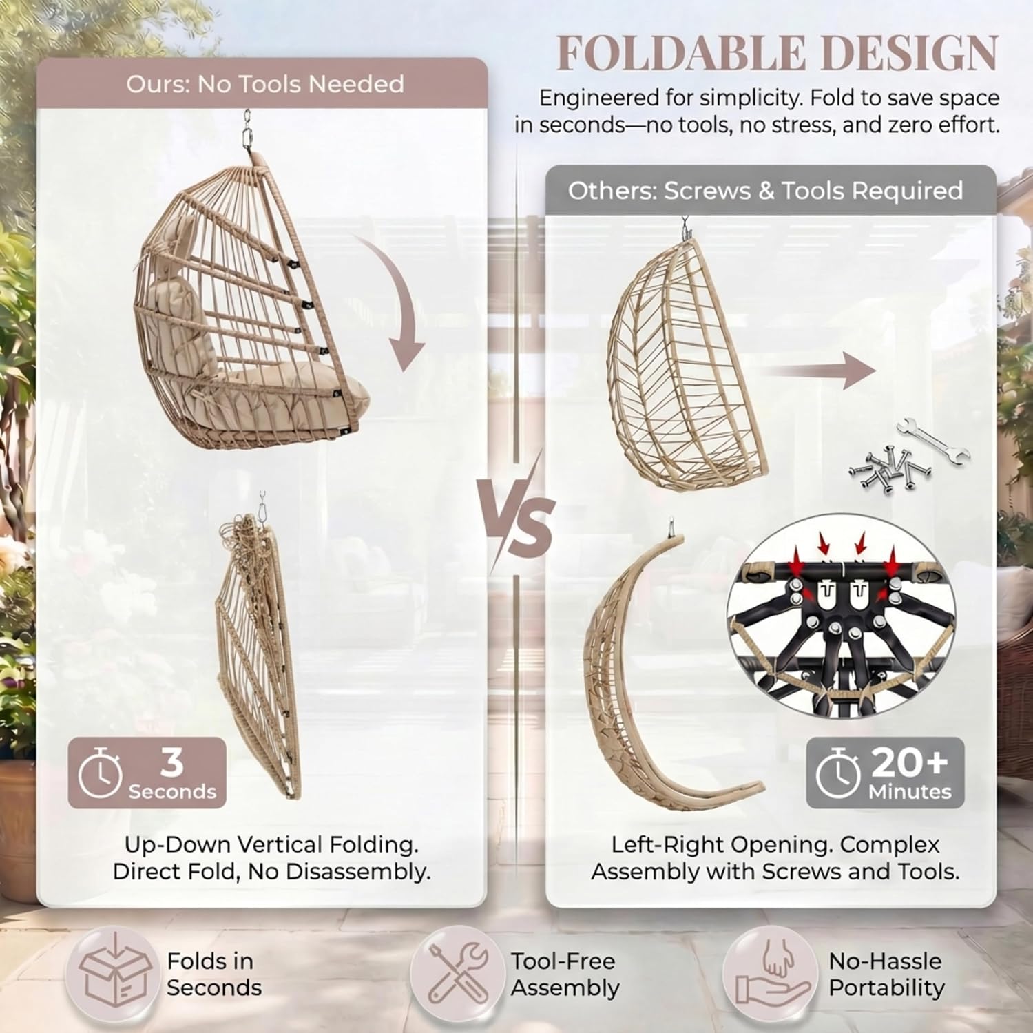 BULEXYARD Indoor Swinging Egg Chair with Stand, 350 Lbs Water-Resistant Wicker Hanging Hammock Chair with Comfy Cushion, Outdoor Heavy-Duty Eggshell Basket for Balcony Patio Bedroom Garden, Beige