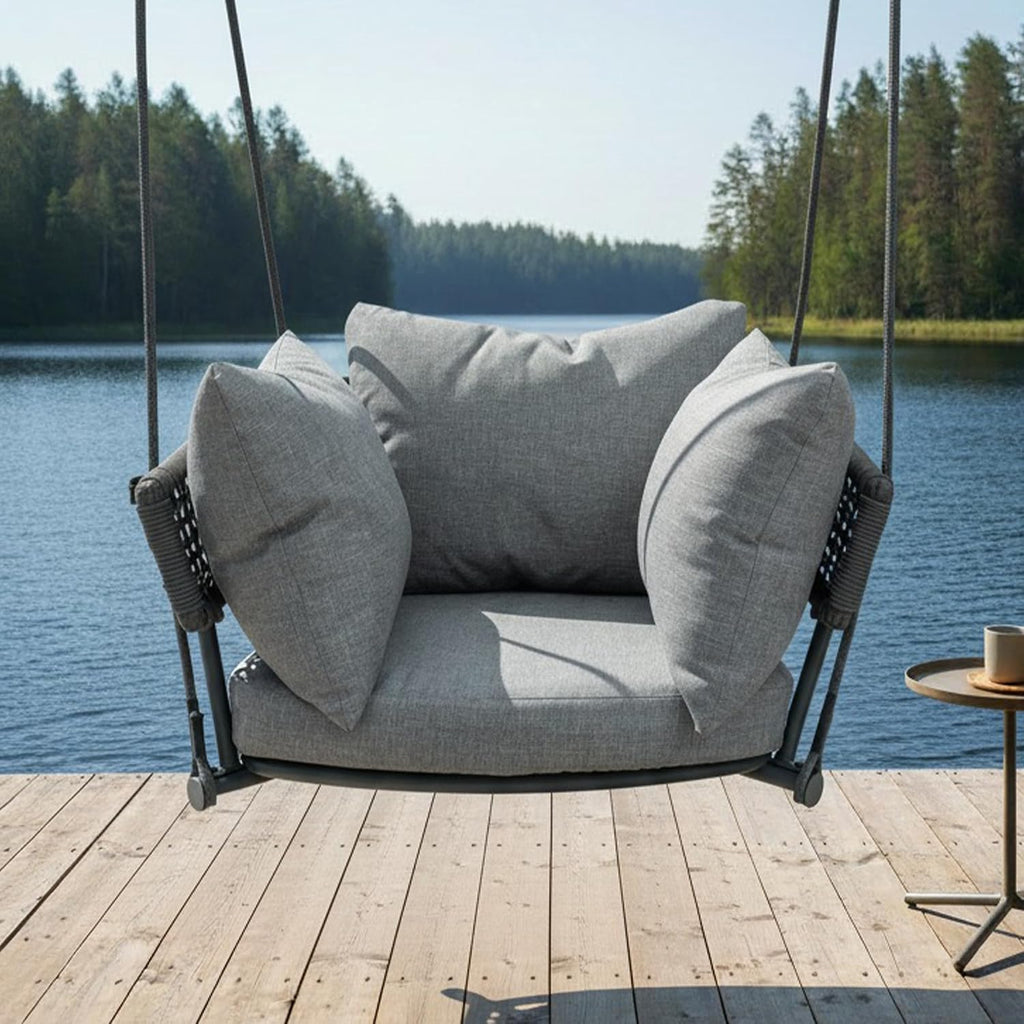 Single Seater Porch Swing, Macrame Hanging Swing Chair Outdoor, Hammock Chairs for Adults, Outdoor Patio Swings with Cushions, Rope Rattan Hanging Chairs, Reading Nook Chair for Bedroom, Grey
