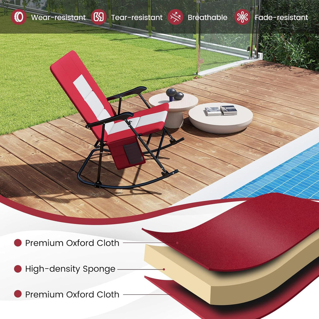 Goplus Oversized Folding Rocking Chair, Padded Patio Lounge Rocker w/Metal Frame, Armrests, Side Pocket, Lightweight Portable Rocking Chair for Backyard Camping Travel, Supports up to 500 lbs(2,Red)