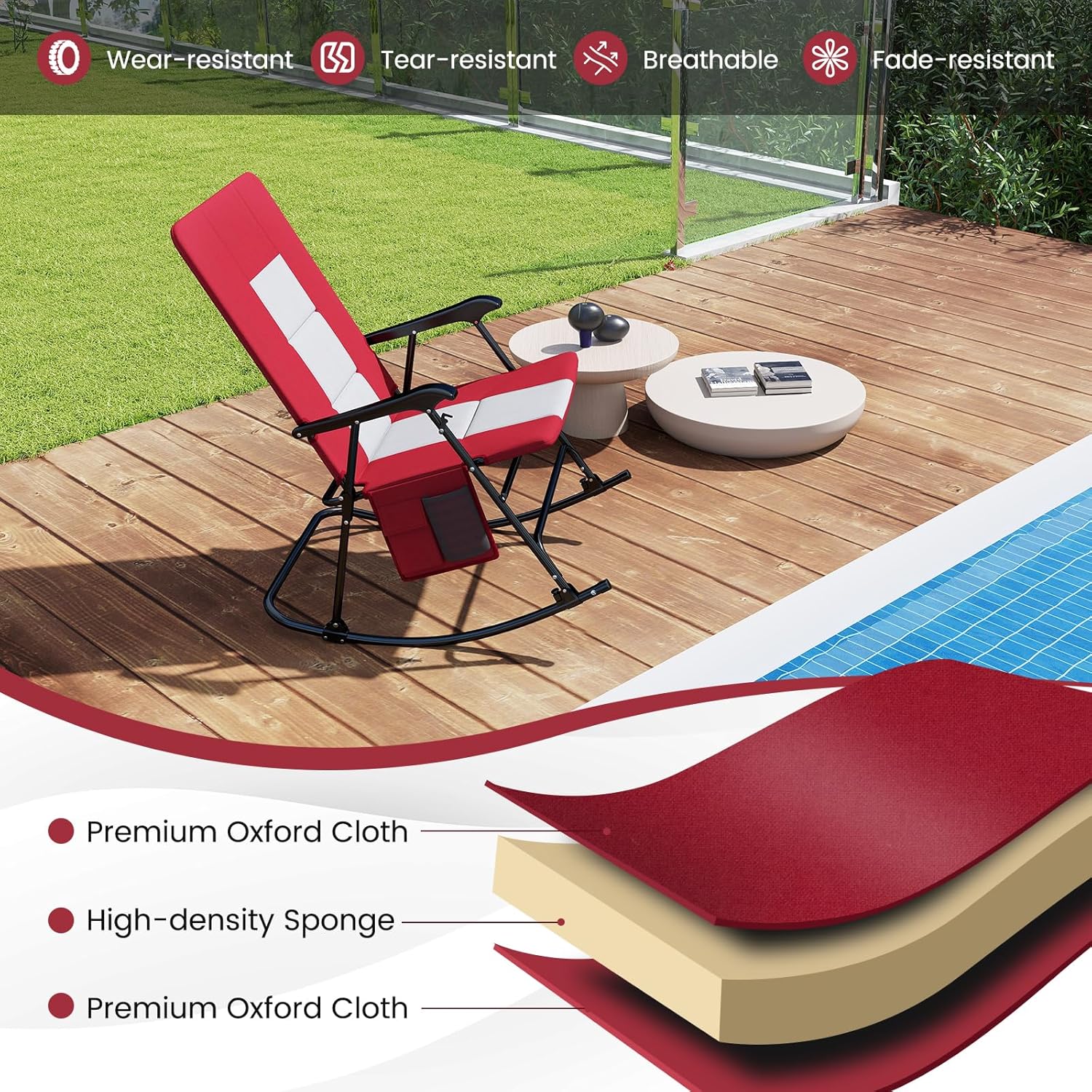 Goplus Oversized Folding Rocking Chair, Padded Patio Lounge Rocker w/Metal Frame, Armrests, Side Pocket, Lightweight Portable Rocking Chair for Backyard Camping Travel, Supports up to 500 lbs(2,Red)