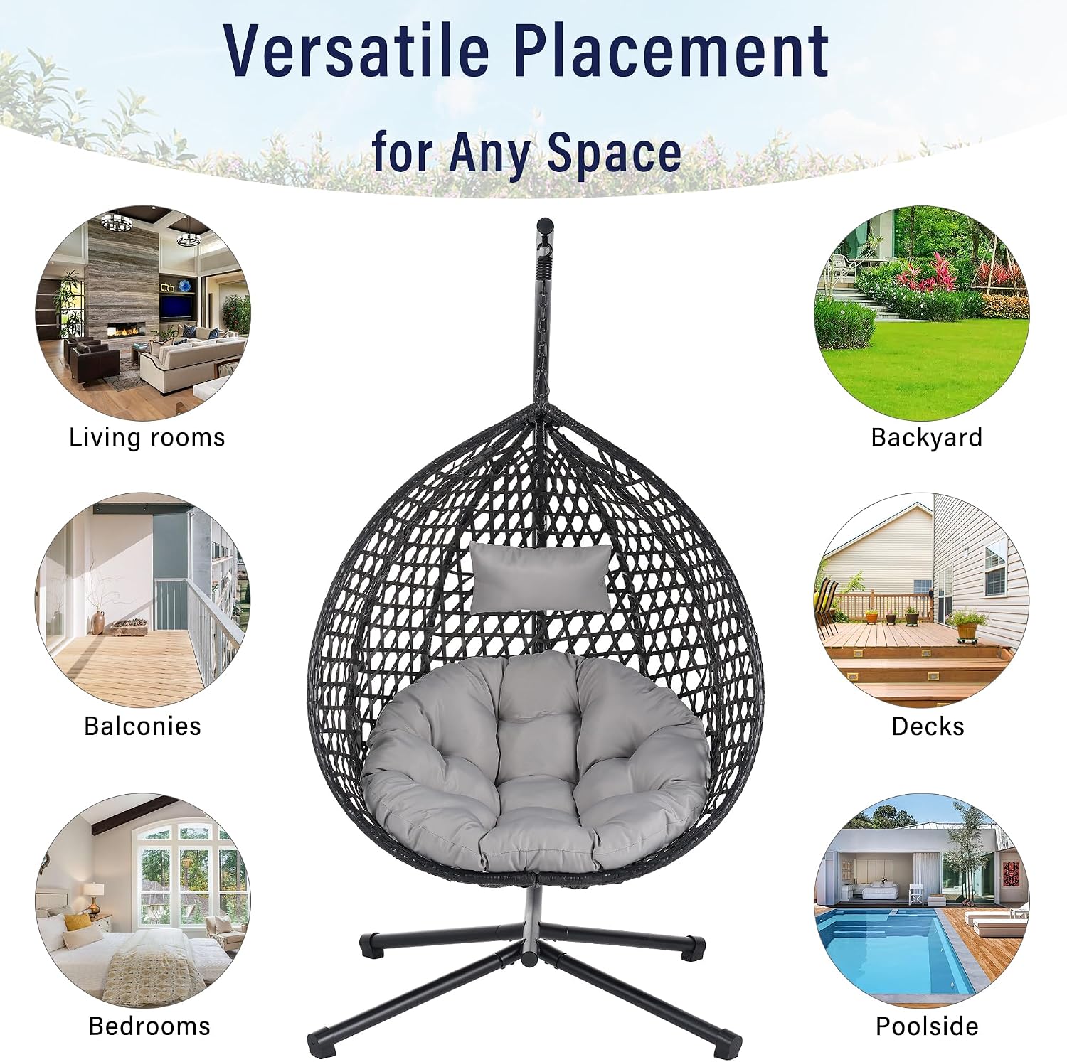 Hanging Egg Chair with Stand, Indoor Outdoor Hammock Swing Chair, 330 lbs Capacity, HDPE Rattan, Iron Frame, Removable Cushion, Foldable Design (Black+Gray)