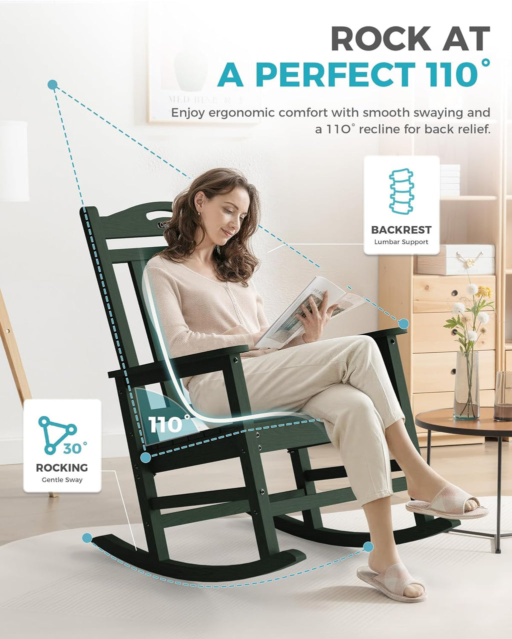 Ciokea Oversized Outdoor Rocking Chair, 380lbs Heavy-Duty Large Patio Rocker, Weather Resistant & Anti-Fade Porch Chair, High Back Cozy Rocking Chair for Outside, Fire Pit, Deck, Garden,Forest