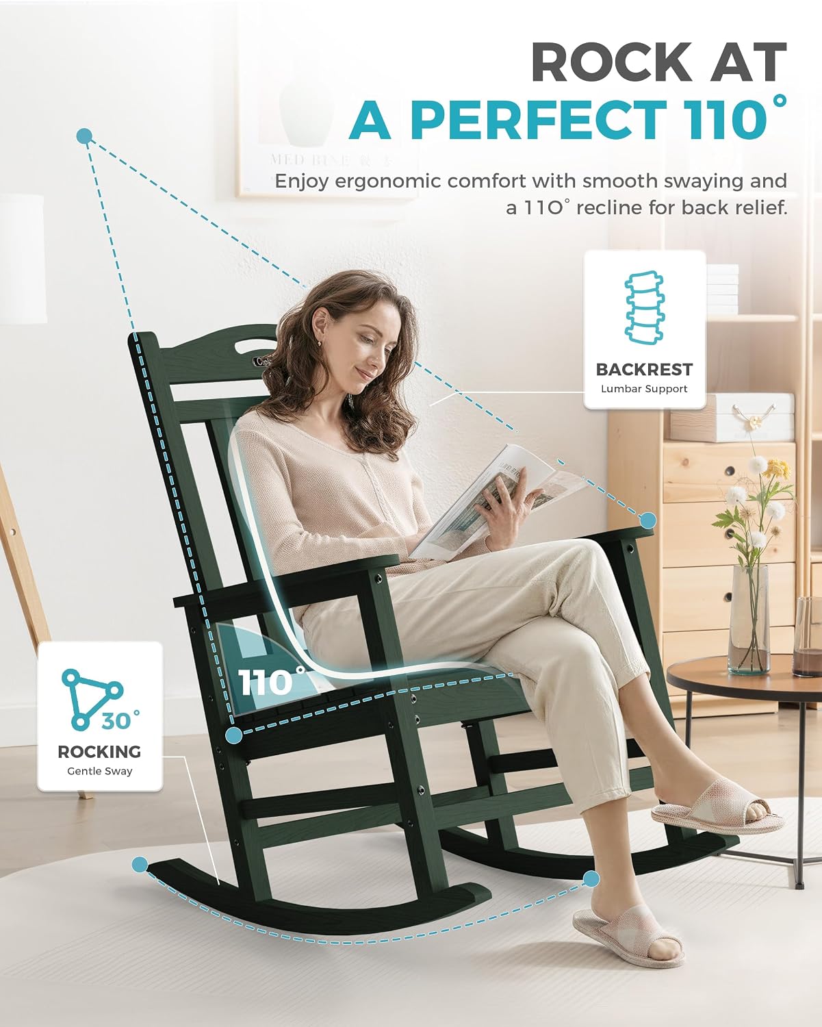 Ciokea Oversized Outdoor Rocking Chair, 380lbs Heavy-Duty Large Patio Rocker, Weather Resistant & Anti-Fade Porch Chair, High Back Cozy Rocking Chair for Outside, Fire Pit, Deck, Garden,Forest