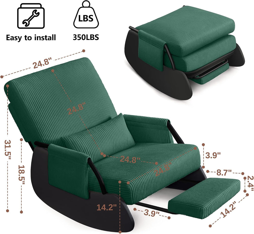 FelixKing Rocking Chair Nursery, Low-Seat Glider Chair, Upholstered Rocking Chair with Side Pocket and Foot Rest, Comfortable Modern Accent Armchair Recliner for Mom Nursery Living Room Bedroom Green