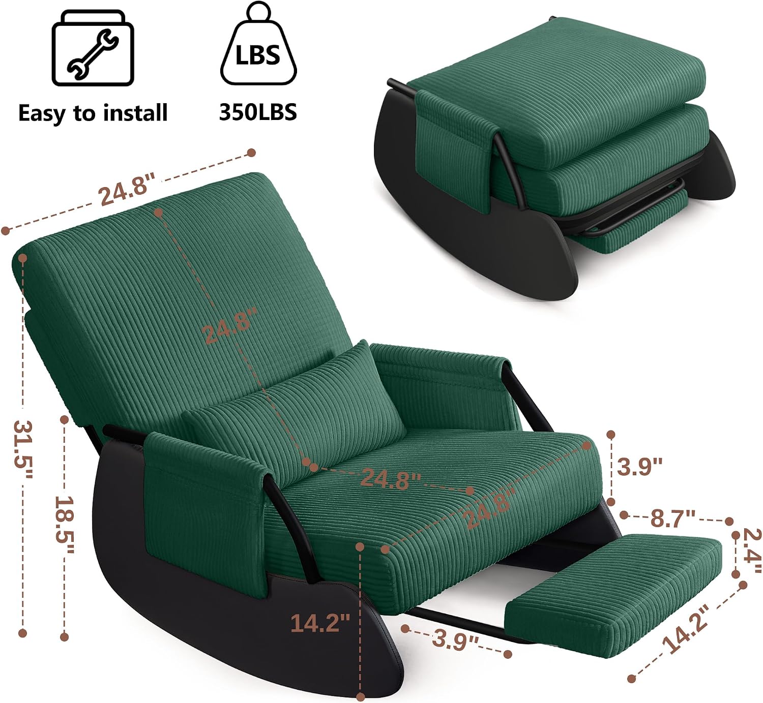 FelixKing Rocking Chair Nursery, Low-Seat Glider Chair, Upholstered Rocking Chair with Side Pocket and Foot Rest, Comfortable Modern Accent Armchair Recliner for Mom Nursery Living Room Bedroom Green