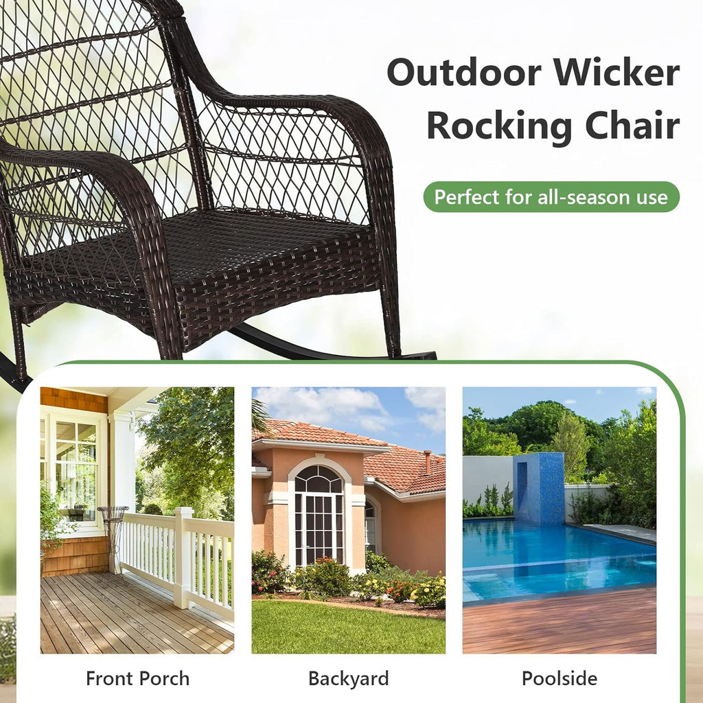 MEDIMALL Outdoor Wicker Rocking Chair, Patio Rattan Rocker w/Lumbar Pillow, Padded Seat & Back Cushions, Metal Frame, Mix Brown Wicker Furniture for Balcony, Porch, Deck, Backyard (Off White)