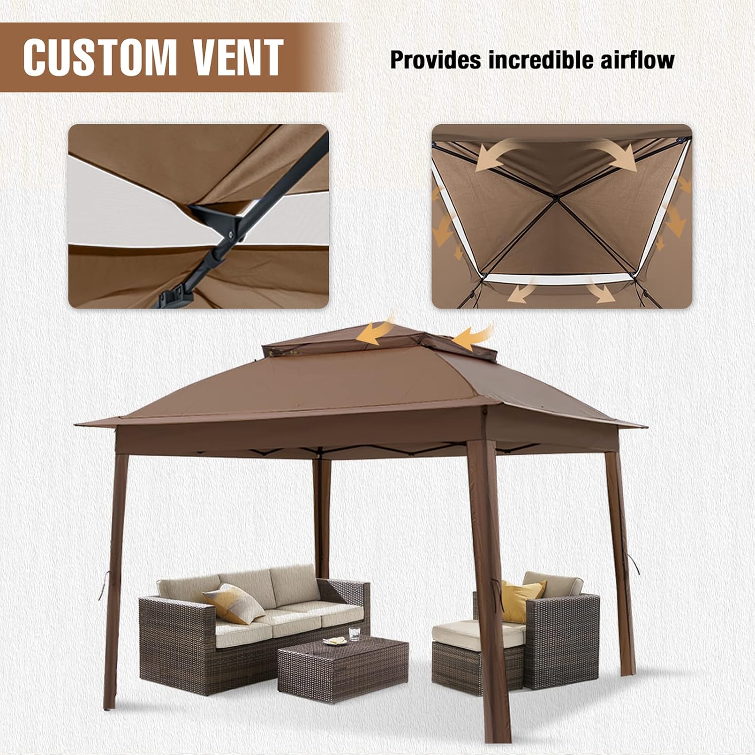 11x11 Pop Up Gazebo Tent with Mesh Netting, Instant Outdoor Canopy with UPF 50+ UV Protection, Water Resistant, Brown