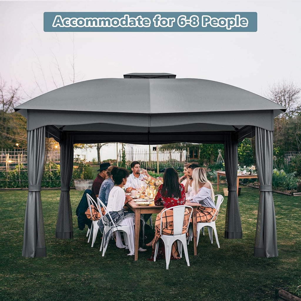Tangkula 12x10 Ft Patio Gazebo, Double Vented Gazebo with Zippered Privacy Curtains, Mesh Screen Netting, Outdoor Steel Gazebo for Deck, Garden, Yard, Poolside (Grey)