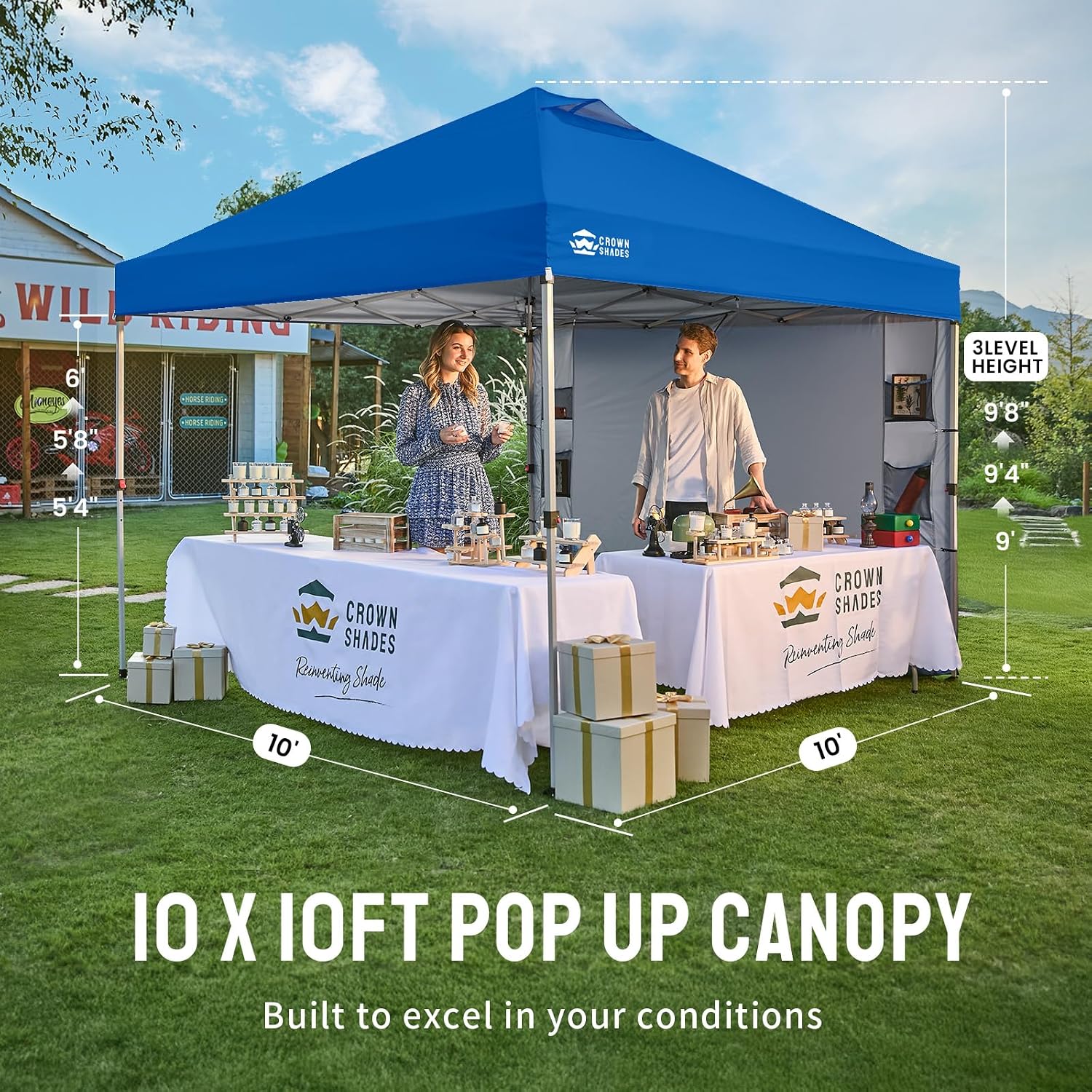 CROWN SHADES Canopy Tent, 10 x 10 Foot Portable Pop Up Outdoor Shelter with Pocket Sidewall, Push Center Lock, UV Protection, and Carry Bag, Blue