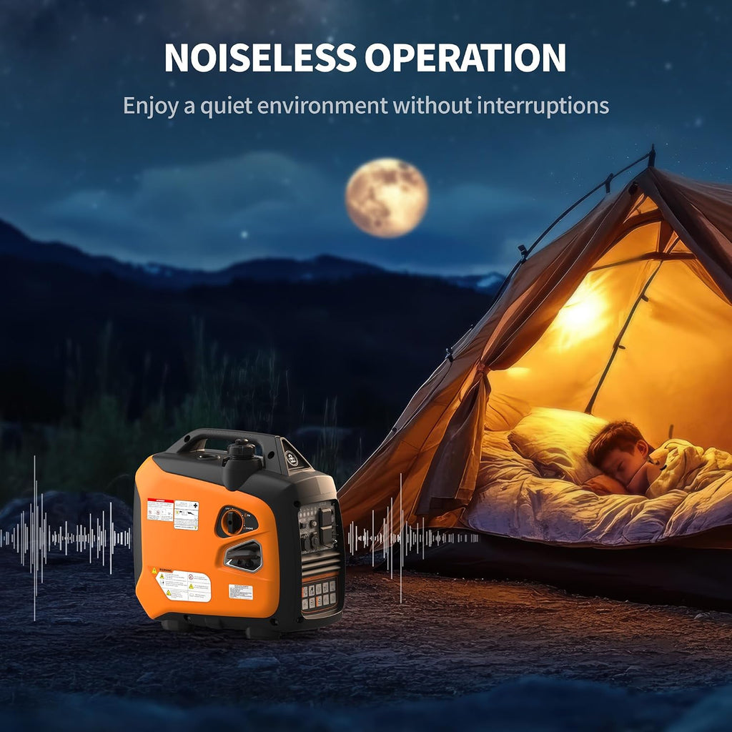 2500W Portable Inverter Generator, Super Quiet Long Runtime Gas Generator for Home Use, with CO Sensor, Parallel Capable, for Camping, RV, Tailgating, Emergency Backup, EPA Compliant (Orange)