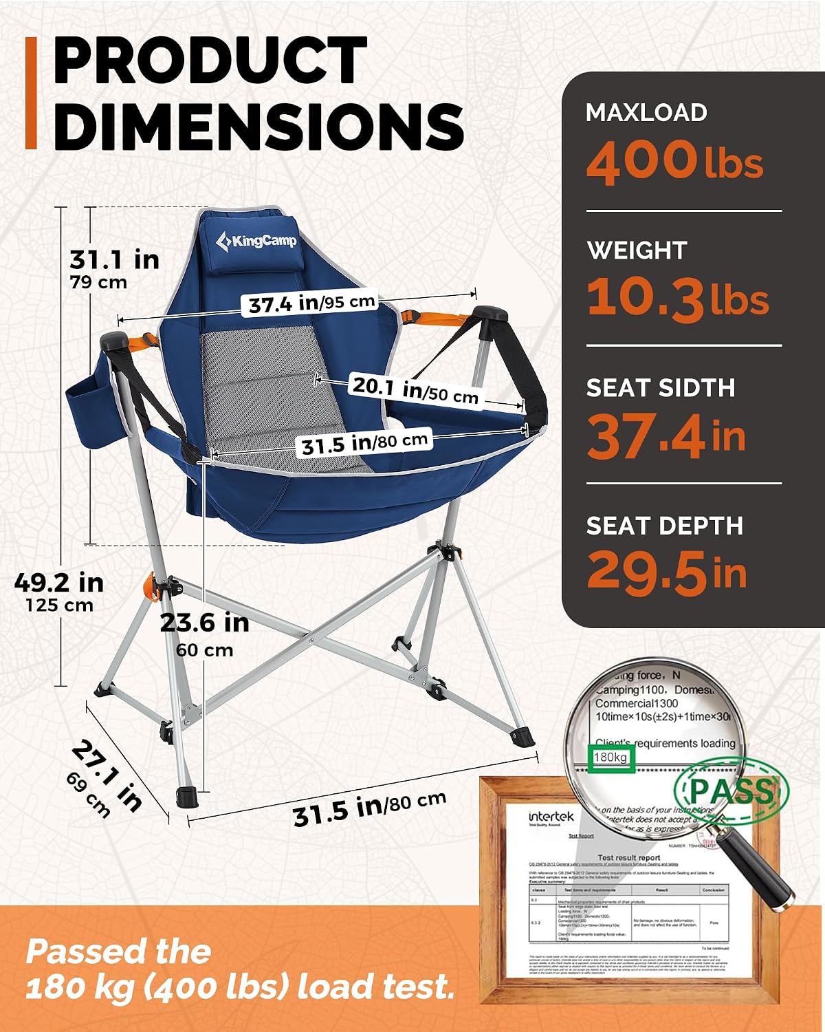 KingCamp Hammock Camping Chair, Swinging Portable Camp Chairs for Adults, 400lbs Heavy Duty Oversized Folding Rocking Chair with Adjustable Recline, Aluminum Alloy Frame for Outdoor Patio Beach Sport