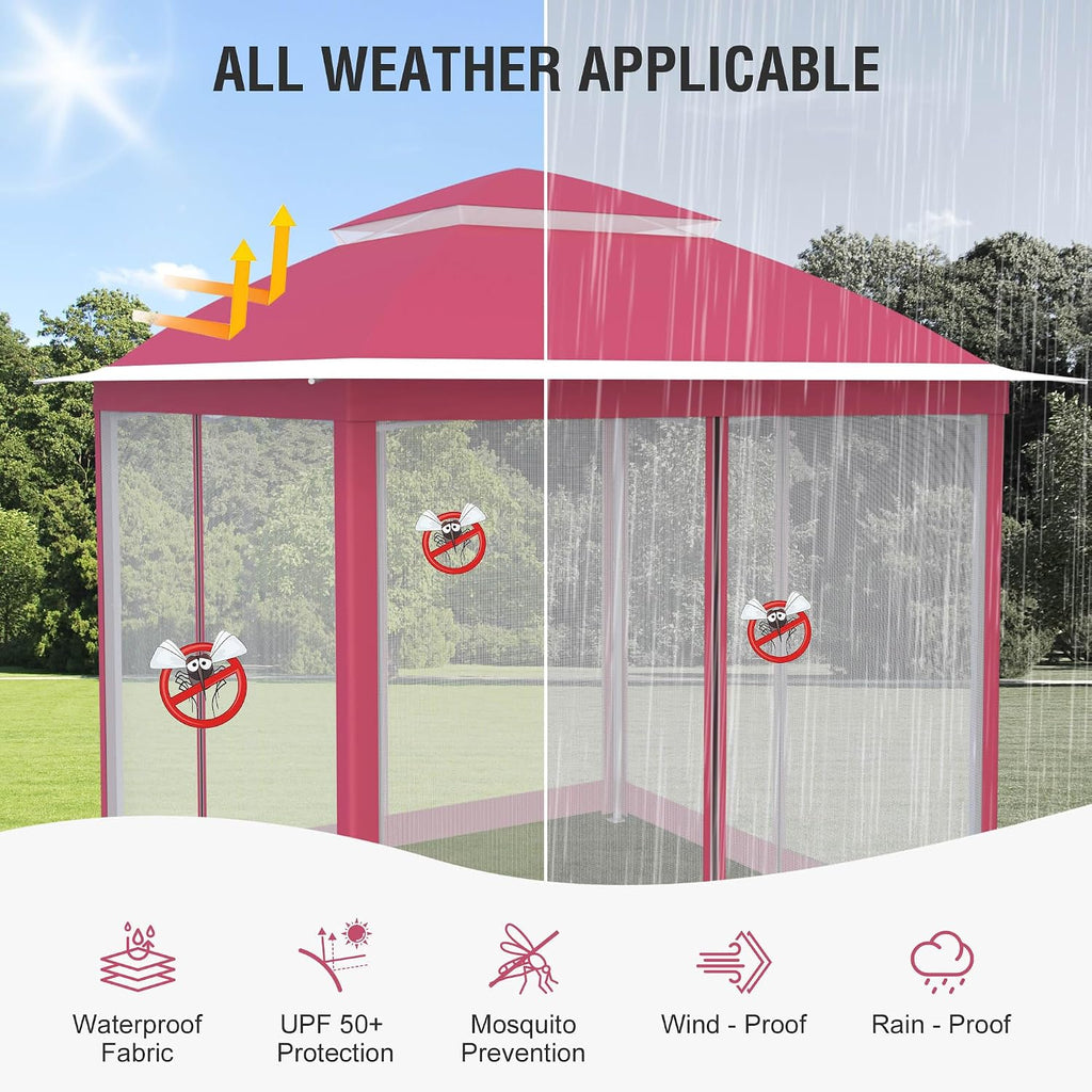Pop Up Gazebo 11x11, Outdoor Instant Canopy Shelter Tent with Mosquito Netting Metal Frame Storage Bag for Patio Garden Backyard.(Pink)