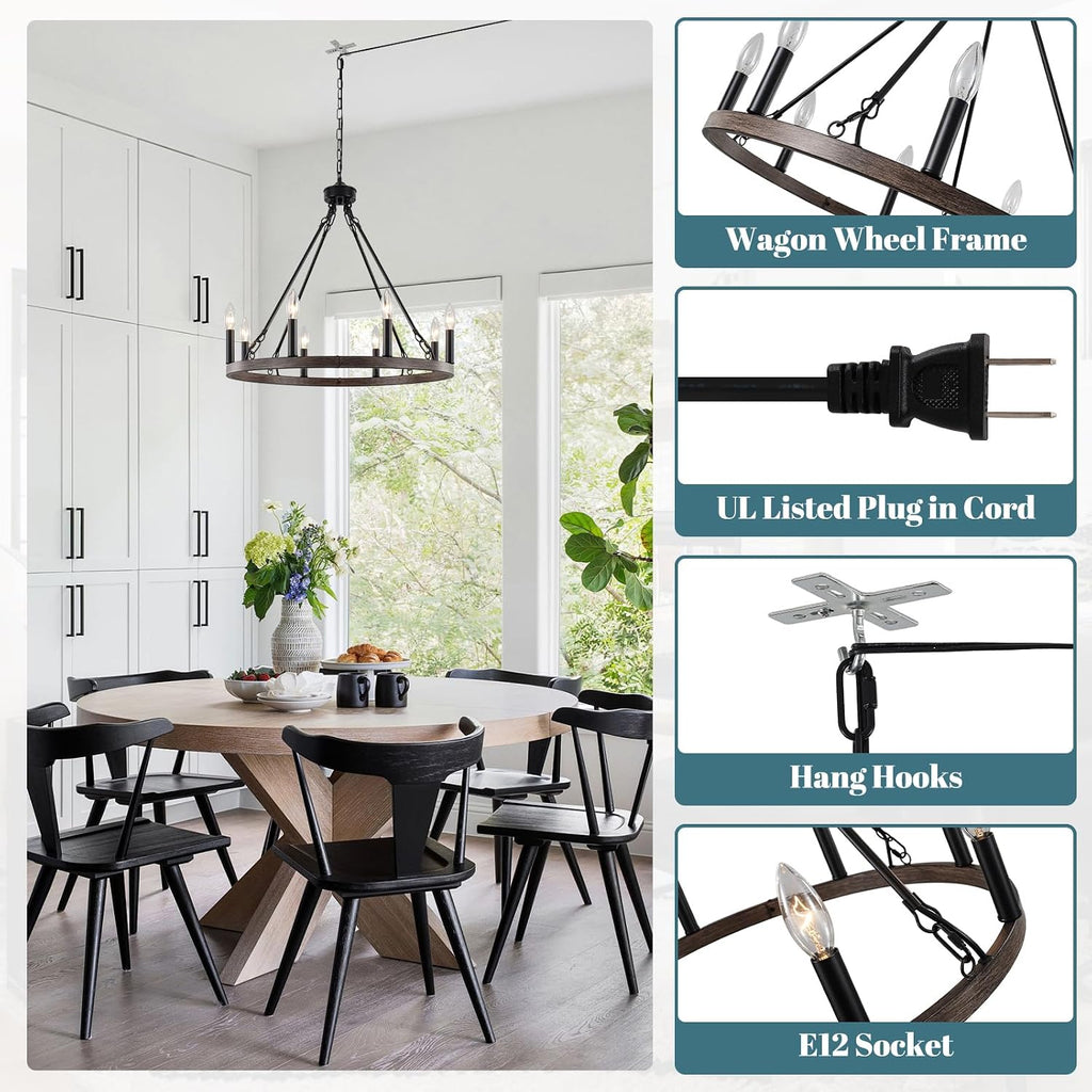 ETONIMERR Plug in Chandelier Wagon Wheel, 8 Light 23.6'' Round Farmhouse Hanging Light with Plug in Cord, Dining Room Plug in Pendant Light with Wood Grain Finish,Outdoor Chandelier for Gazebo Porch