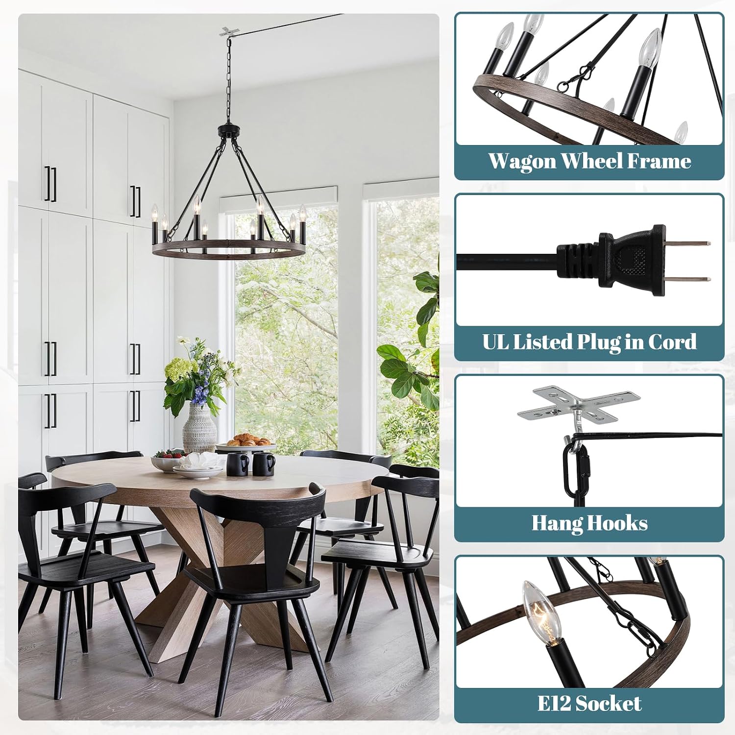ETONIMERR Plug in Chandelier Wagon Wheel, 8 Light 23.6'' Round Farmhouse Hanging Light with Plug in Cord, Dining Room Plug in Pendant Light with Wood Grain Finish,Outdoor Chandelier for Gazebo Porch