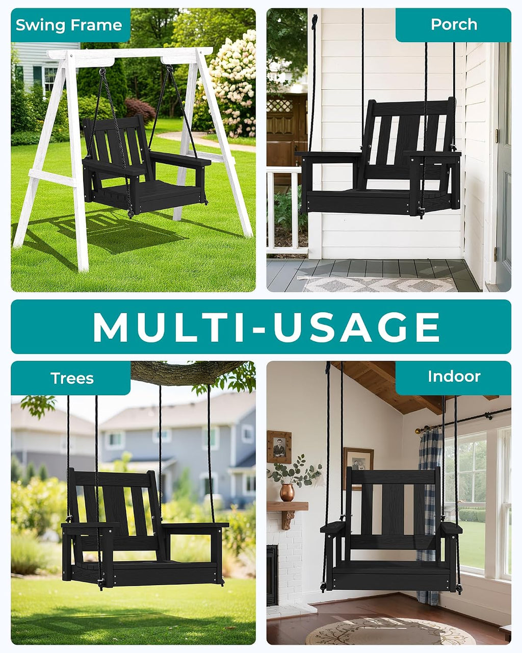 SERWALL HDPE Single Porch Swing, Heavy Duty Single Person Swing Chair with 2 Polypropylene Hanging Ropes, Adirondack Hanging Chair for Outdoor Front Porch Patio Garden Yard, Black