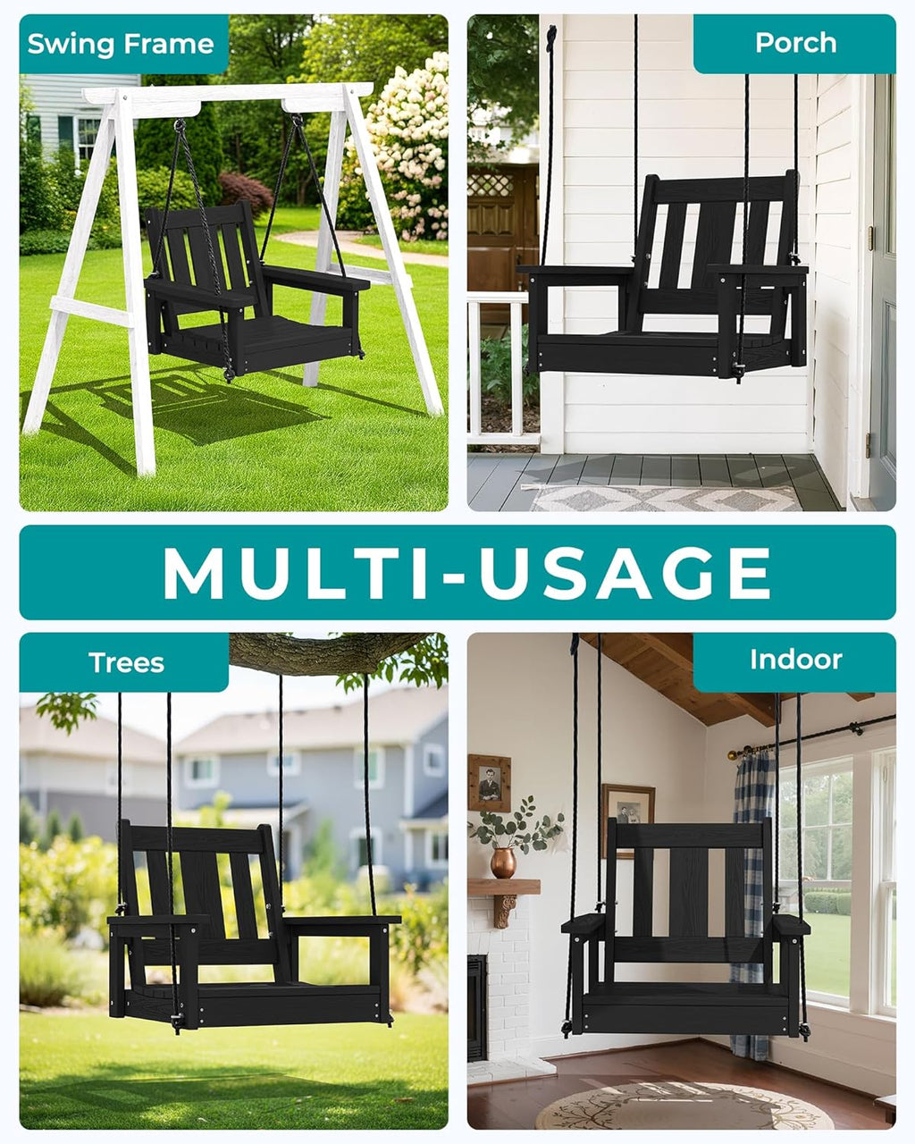 SERWALL HDPE Single Porch Swing Set of 2, Heavy Duty Single Person Swing Chair with 2 Polypropylene Hanging Ropes, Adirondack Hanging Chair for Outdoor Front Porch Patio Garden Yard, Black