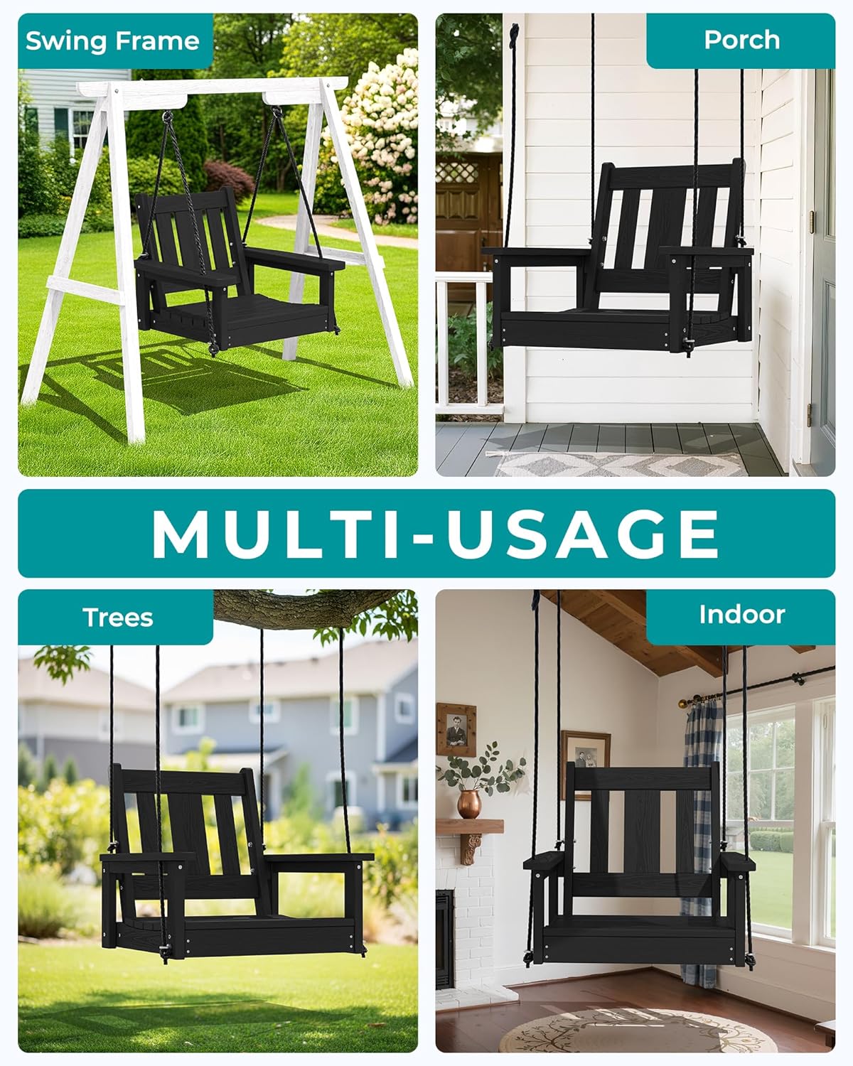 SERWALL HDPE Single Porch Swing Set of 2, Heavy Duty Single Person Swing Chair with 2 Polypropylene Hanging Ropes, Adirondack Hanging Chair for Outdoor Front Porch Patio Garden Yard, Black