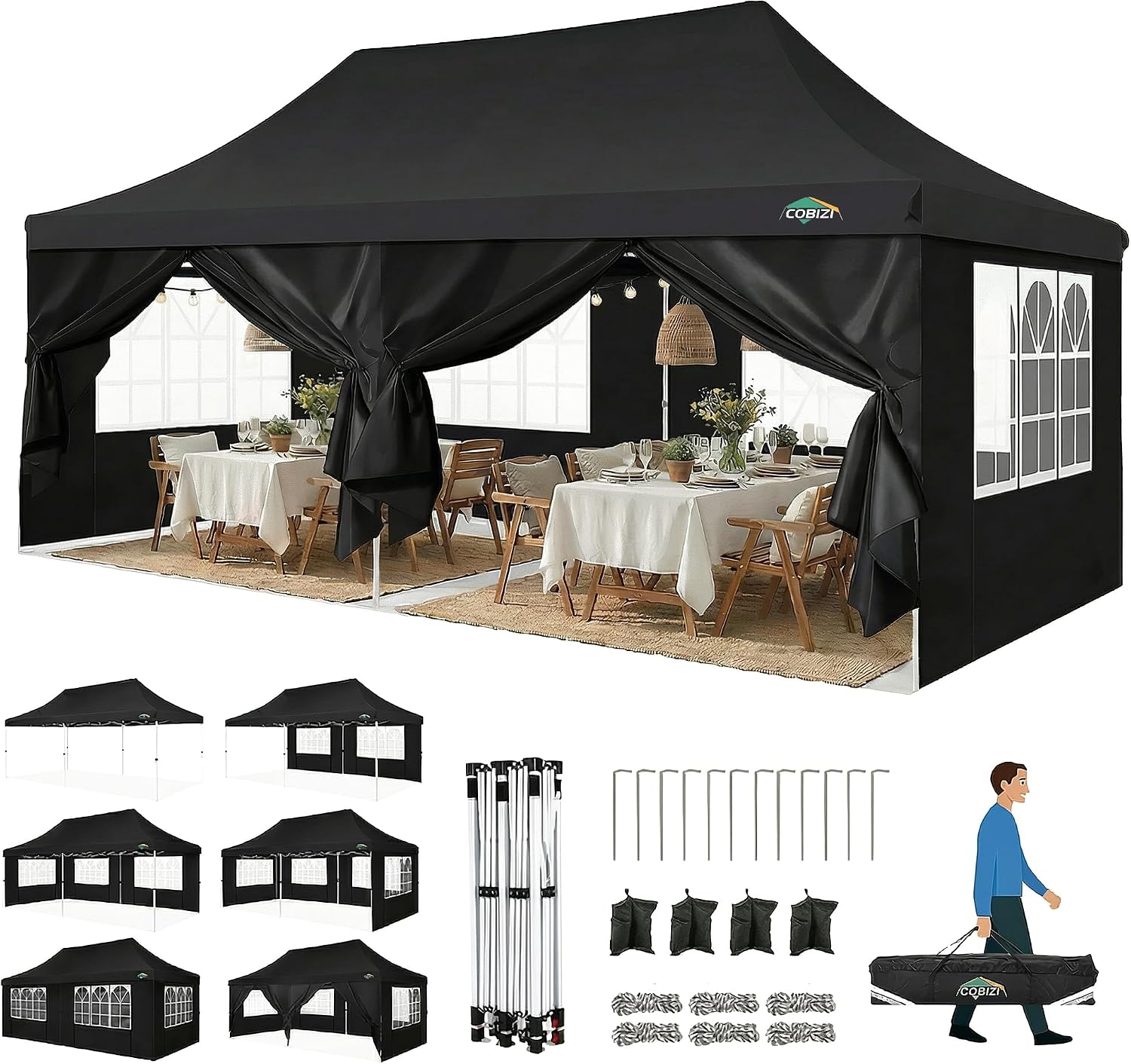 COBIZI Canopy 10x20 Pop Up Canopy Tent with 6 Sidewalls, Waterproof Commercial Canopy Ez Outdoor Instant Gazebo UV Protection 50+ Event Shelter, Garden Tents for Parties with Sandbags, Black