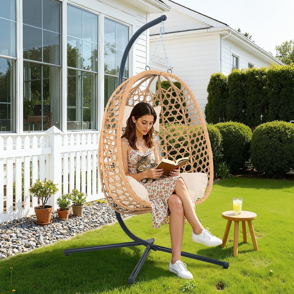 EortheX Hanging Egg Chair with Cushions – Comfortable Rattan Swing Chair with Stand for Patio, Garden, or Balcony – Stylish and Relaxing Outdoor Lounge Chair, 350LBS Capacity Indoor Outdoor (Yellow)