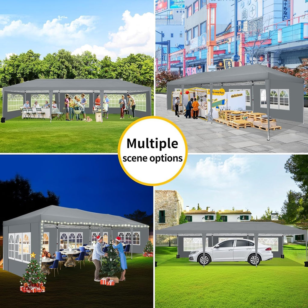 COBIZI 10x30 Pop Up Canopy with 8 Sidewalls for Parties Wedding Backyard, Waterproof Outdoor Commercial Event Shelter with Stakes, Ropes, Sandbags, Grey