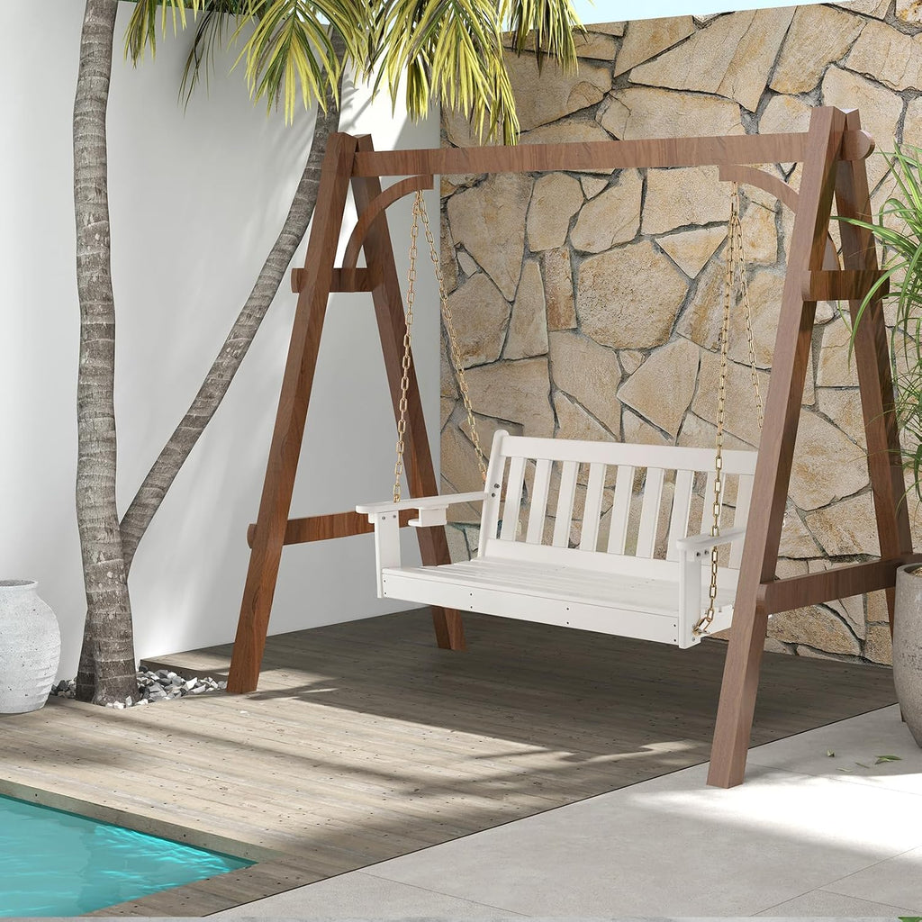 Tangkula 2 Person Hanging Porch Swing, Outdoor Bench Swing with Adjustable Chains, Hidden Cup Holder, HDPE Tree Swing Chair for Patio Backyard Deck Garden, 54 Inch