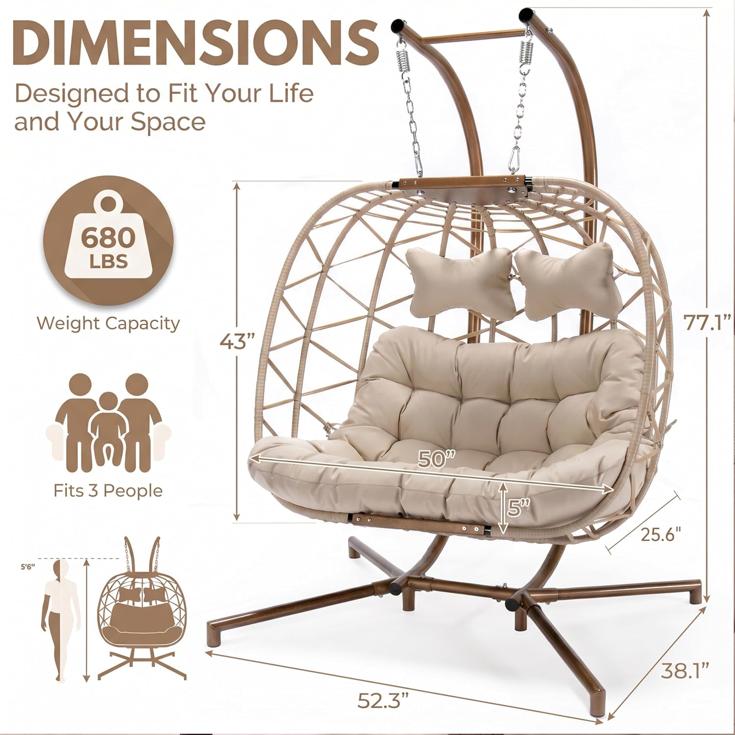 BULEXYARD 2 Person Hanging Egg Chair with Stand, Extra Large Wicker Patio Hammock Loveseat Swing, Oversized Cushioned Double Swing Chair for Indoor Outdoor Garden Balcony Backyard, Beige