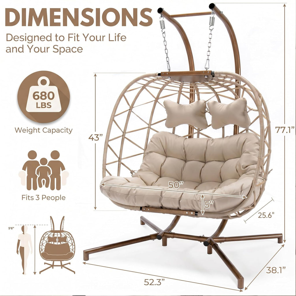 BULEXYARD 2 Person Double Egg Swing Chair with Stand, Oversized Boho Hanging Hammock Wicker Loveseat with Cushion, Comfy Outdoor Patio Chair for Balcony Backyard Bedroom, Beige