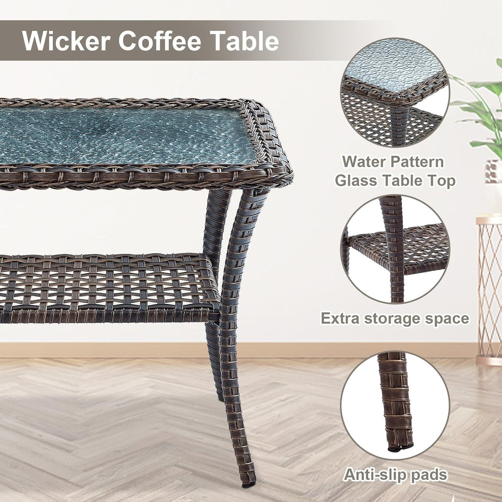 Belord Patio Wicker Furniture with Rocking Chairs Loveseat, 5 Piece Rattan Furniture Outdoor Table and Rocking Chairs Set for Patio Deck Porch Backyard Brwon/Blue