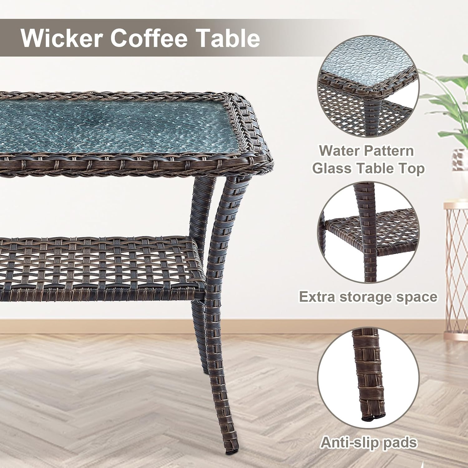Belord Patio Wicker Furniture with Rocking Chairs Loveseat, 5 Piece Rattan Furniture Outdoor Table and Rocking Chairs Set for Patio Deck Porch Backyard Brwon/Blue