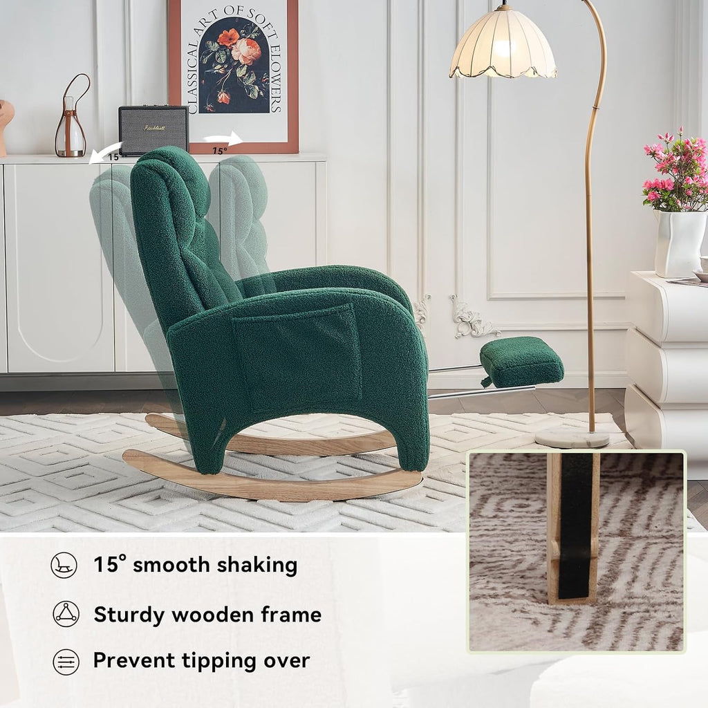 FOXHUNTER Rocking Chair Nursery, Modern Glider Chair with Adjustable Footrest and Solid Wood Legs, High Backrest Nursery Chair with Side Pocket, Rocker Armchair for Living Room Bedroom, Teddy Green
