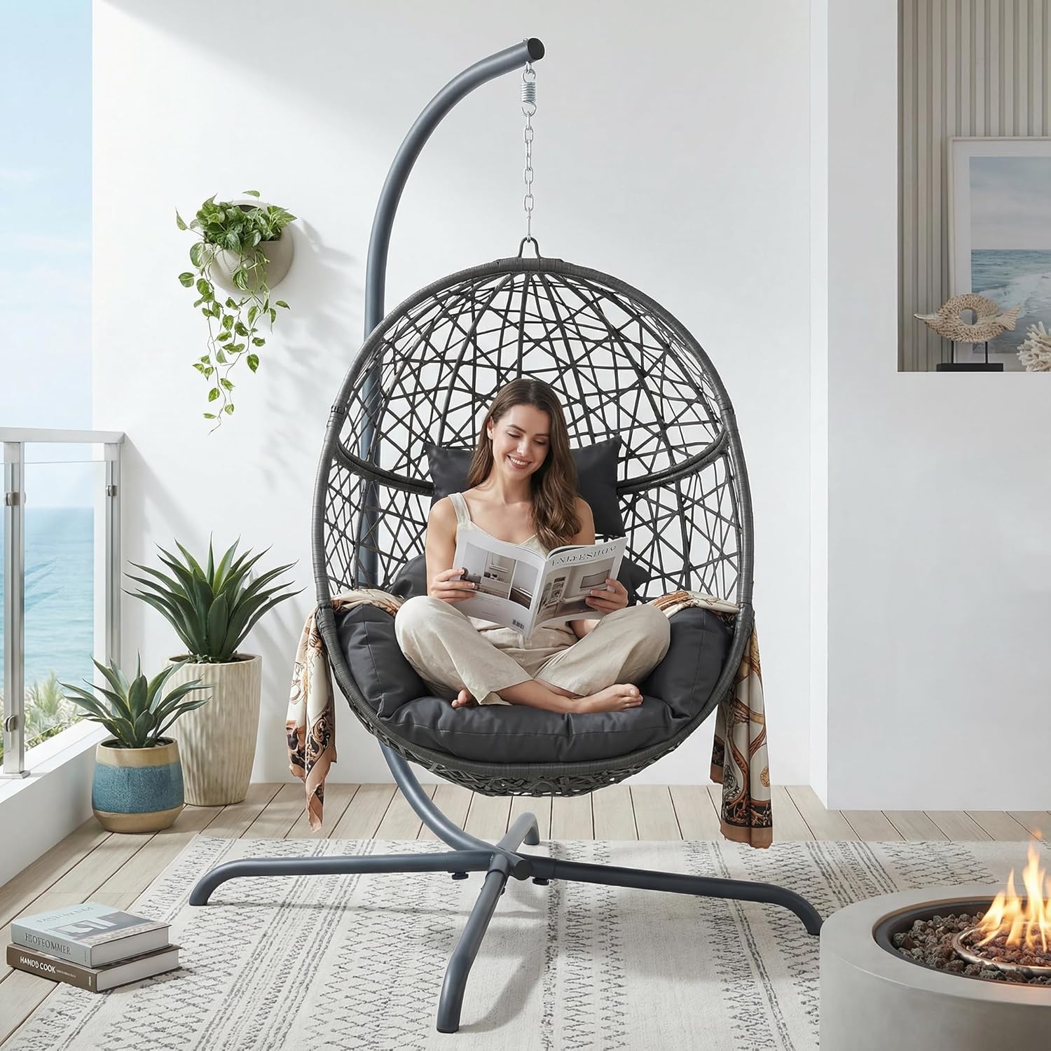 NICESOUL Swing Egg Chair with Stand, Bird Cage Patio Hanging Chair with Cushion, Large Swinging Chairs Indoor Outdoor, All-Weather 350lbs Eggshell Basket Seat for Porch, Backyard, Dark Grey