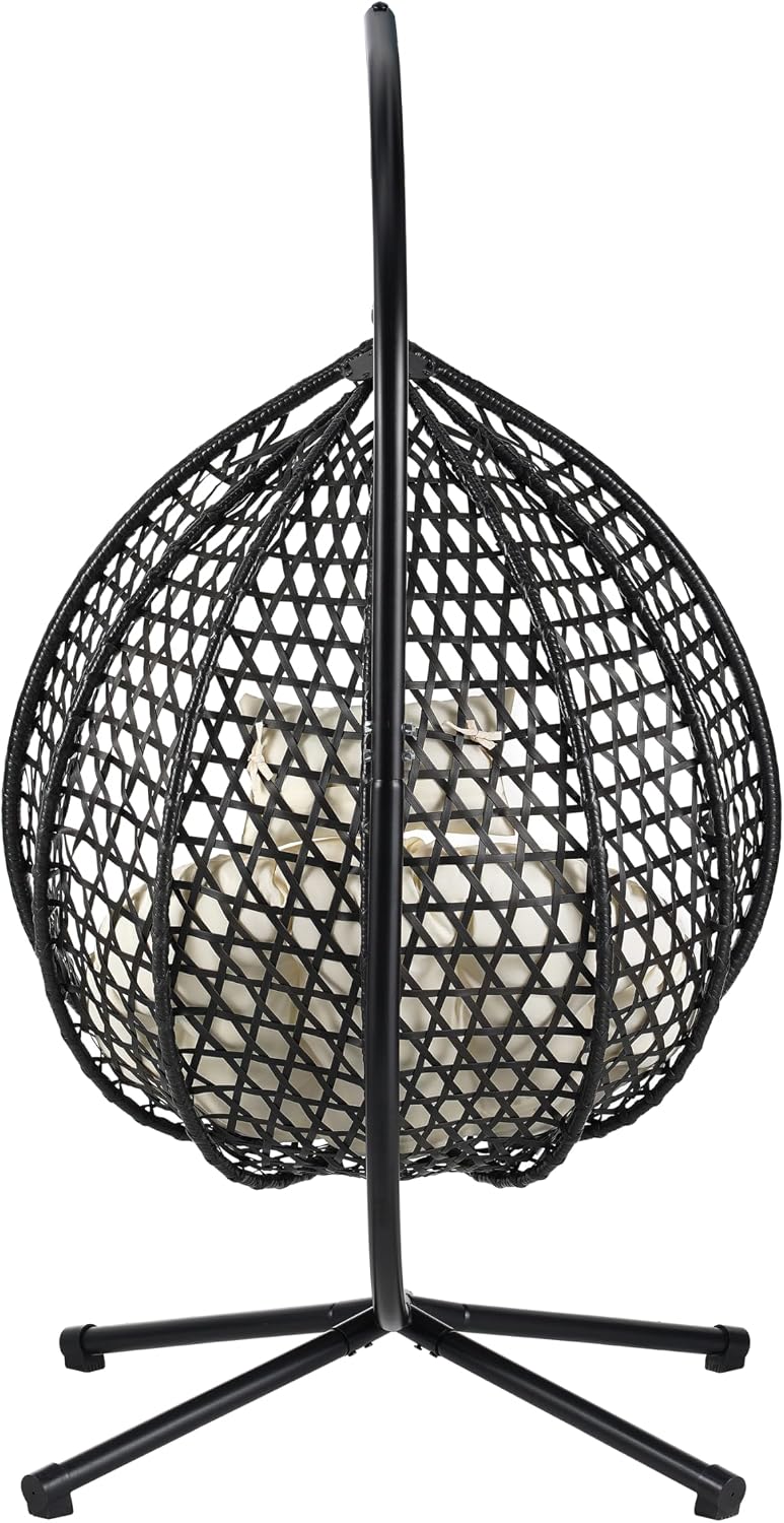 Sturdy Hammock Chair with Stand, Durable Hanging Egg Chair with Rattan Weaving,Comfortable Indoor Outdoor Swing Chairs with Soft Removable Cushion,Suitable for Balcony, Bedroom,or Garden, Black+Beige