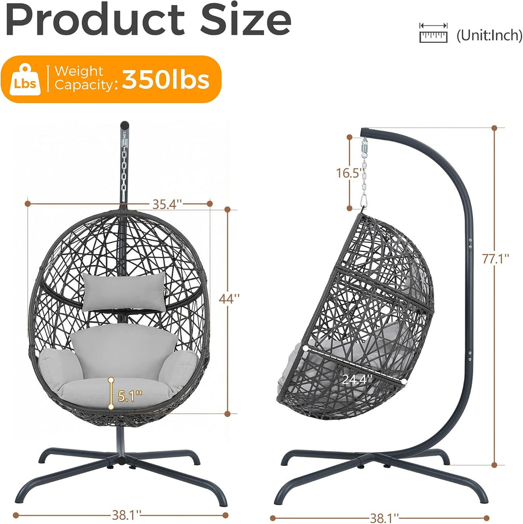 BULEXYARD Oversized Hanging Egg Chair with Stand, Indoor Outdoor Grey Wicker Bird Cage Swing Chair, Patio Hammock Egg-Shaped Chair with Light Grey Cushion for Sunroom, Deck, 350lbs Capacity