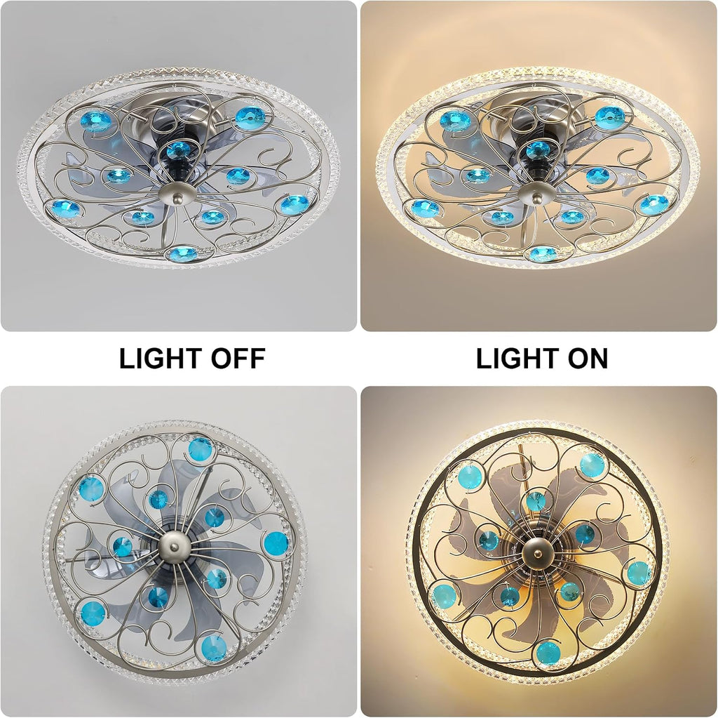Low Profile Ceiling Fan with Lights 20' Remote Bladeless Ceiling Fan Boho Vintage Flush Mount Ceiling Fans with Light 3 Color Smart LED Dimmable,Handmade Antique Vintage Blue Crystal