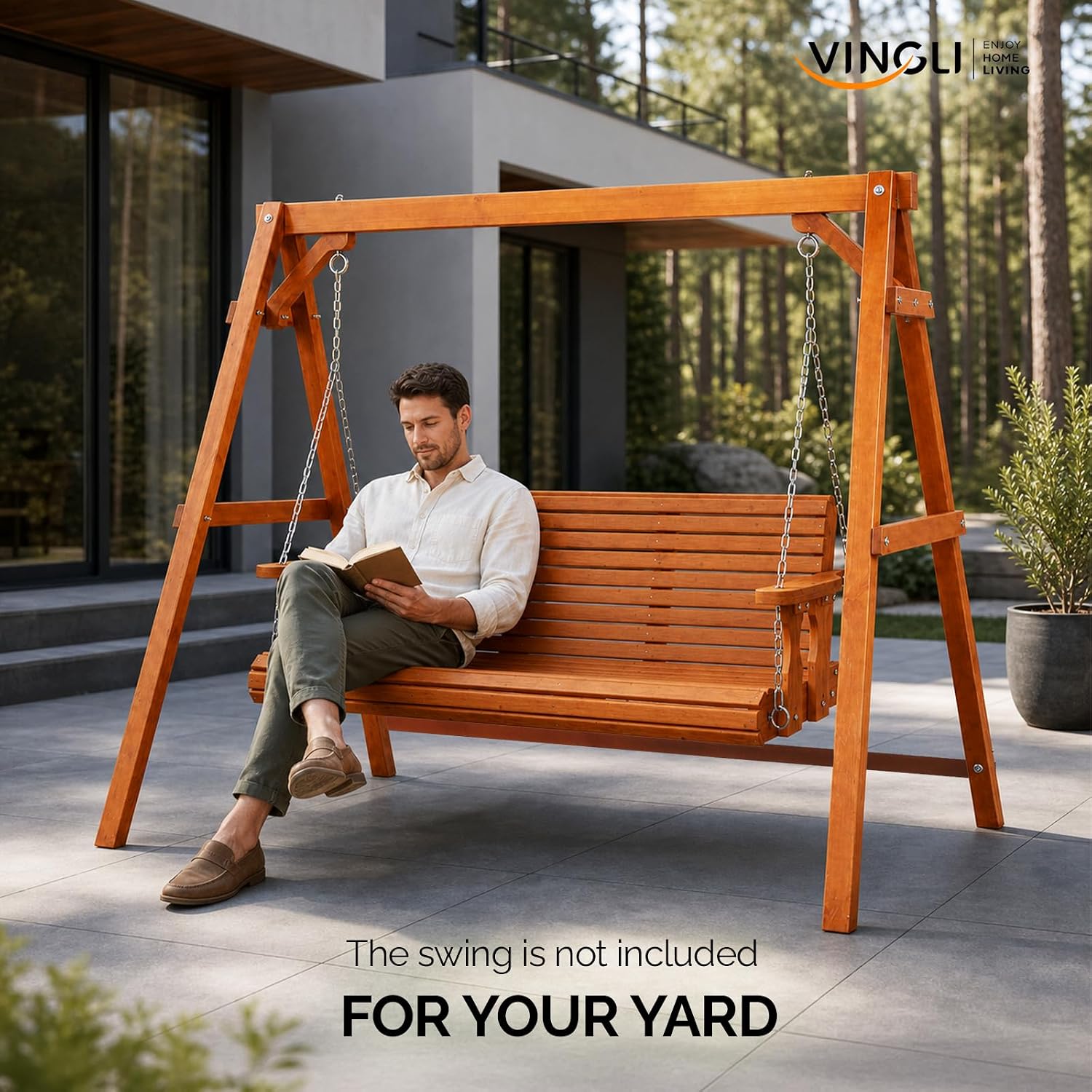 VINGLI 6.9FT Porch Swing Frame, 660 LBS Heavy Duty A-Frame Wooden Porch Swing Stand with Bottom Connection Bar for 5FT Porch Swing, Upgraded Wood Swing Hanger for Garden Patio (Brown, 6.9FT)