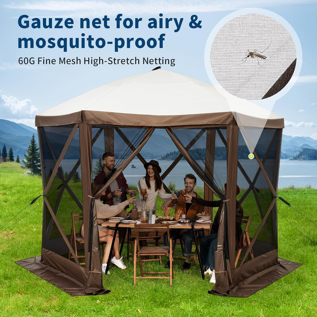 Hipicute 10x10ft Pop Up Gazebo Screen Tent with Mosquito Netting, 6 Sided Pop-Up Canopy Shelter Tent with Carrying Bag and Ground Stakes for Outdoor Camping, Lawn and Backyard